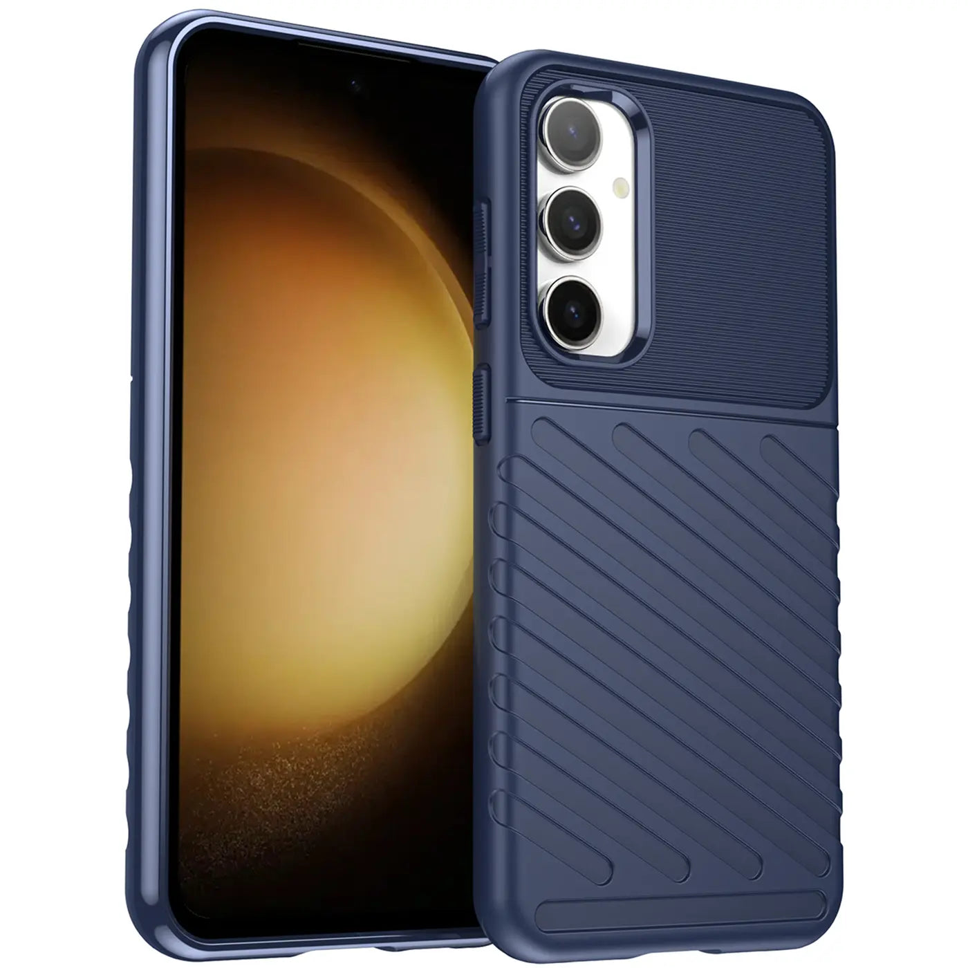 Dunkelblaue Handyhülle aus Gummi, schräg von vorne, für Samsung Galaxy S23 FE.