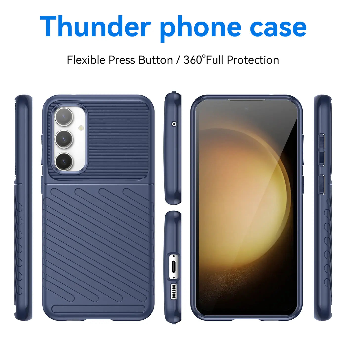 Dunkelblaue Handyhülle aus Kunststoff, Vorder- und Rückansicht, Samsung S23 FE erkennbar.