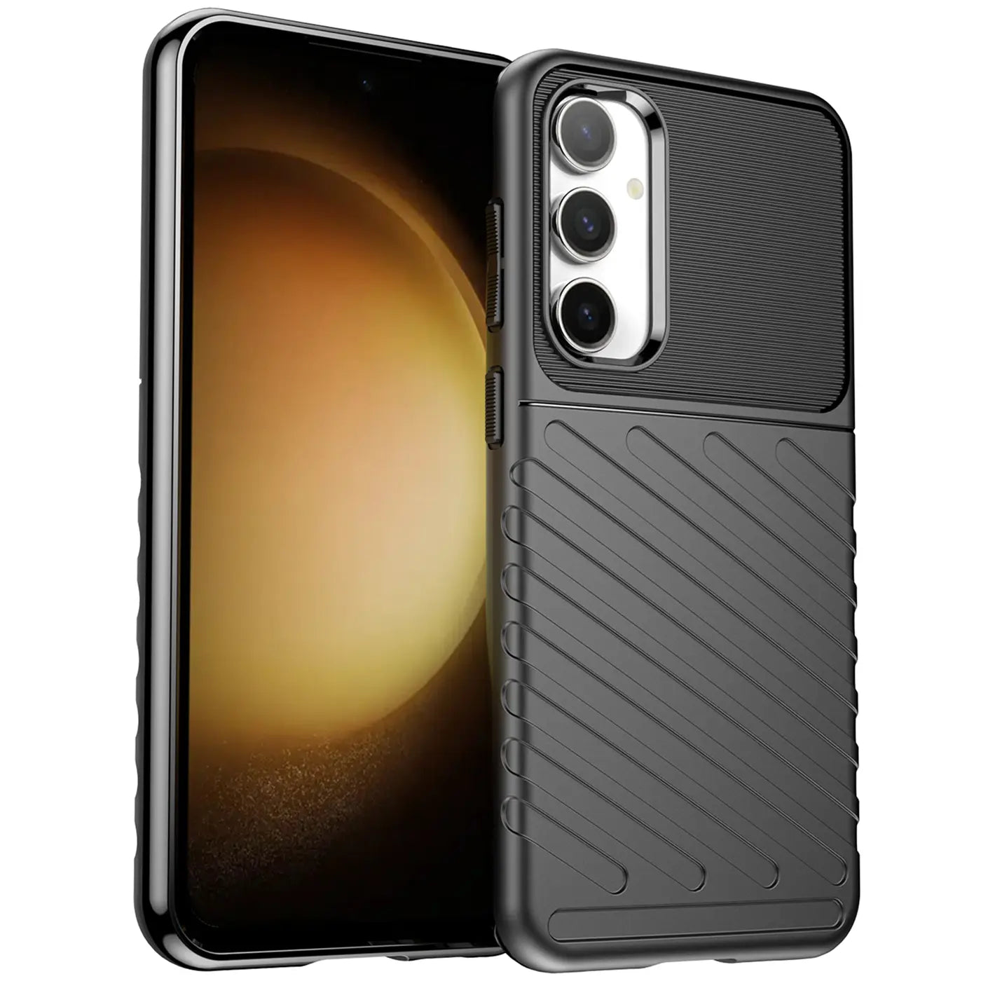 Schwarze, stoßfeste Handyhülle aus Kunststoff, seitliche Ansicht, mit Samsung Galaxy S23 FE.
