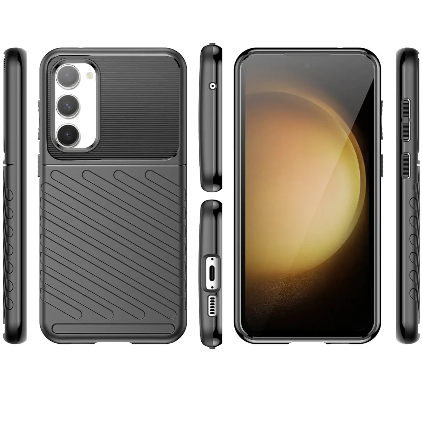 Schwarze Handyhülle aus Kunststoff, Vorder- und Seitenansicht, für Samsung Galaxy S23.