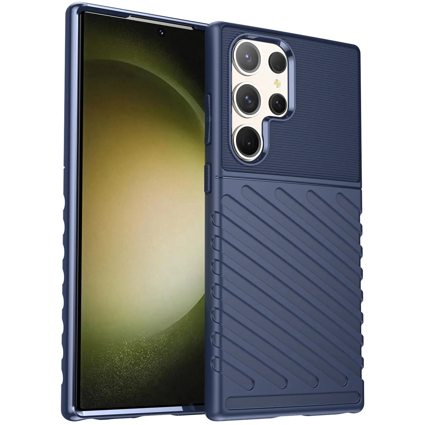Dunkelblaue Handyhülle aus Kunststoff, schräg von vorne, auf Samsung Galaxy S23 Ultra