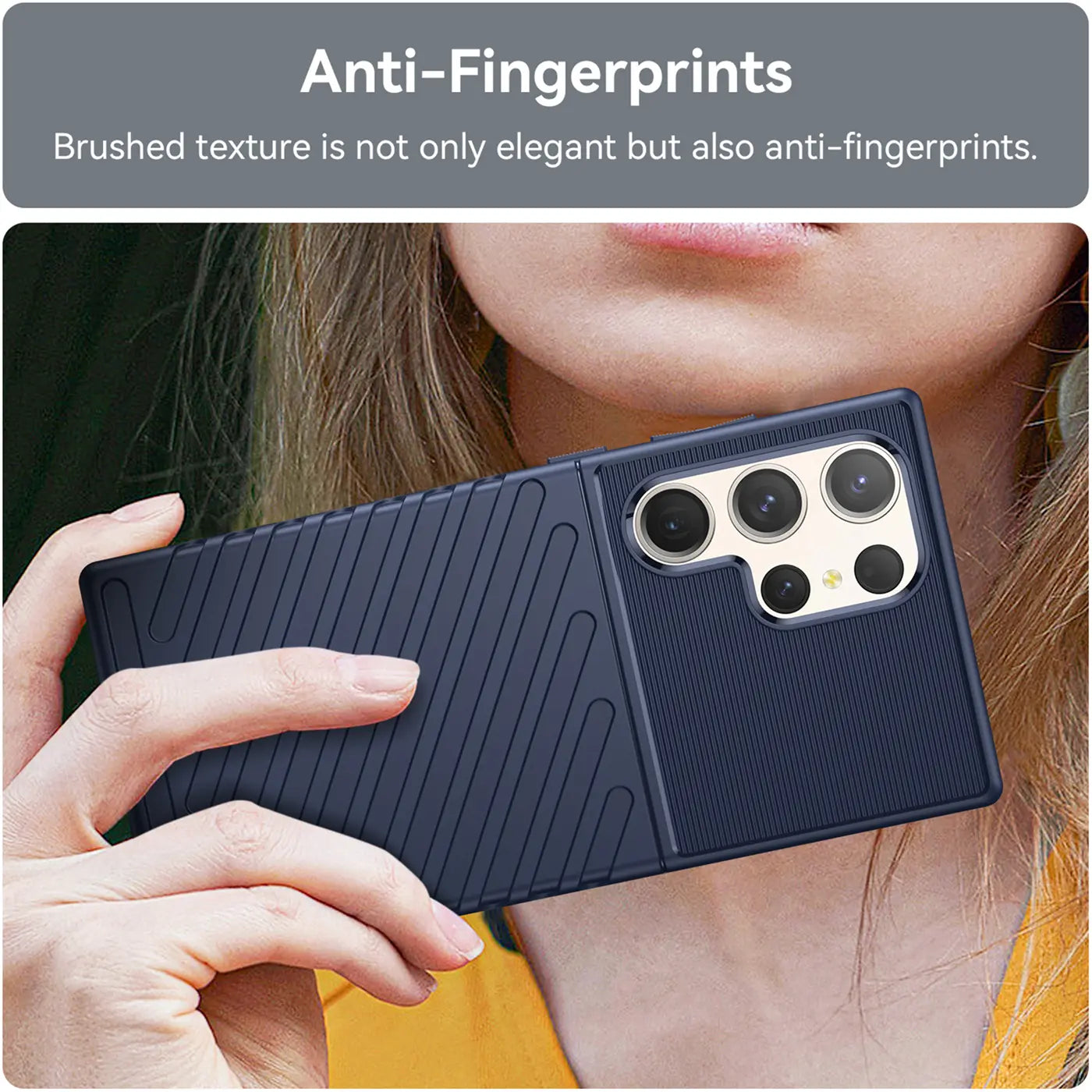 Dunkelblaue Hülle aus Kunststoff, Rückansicht, Samsung S23 Ultra mit Kamera.