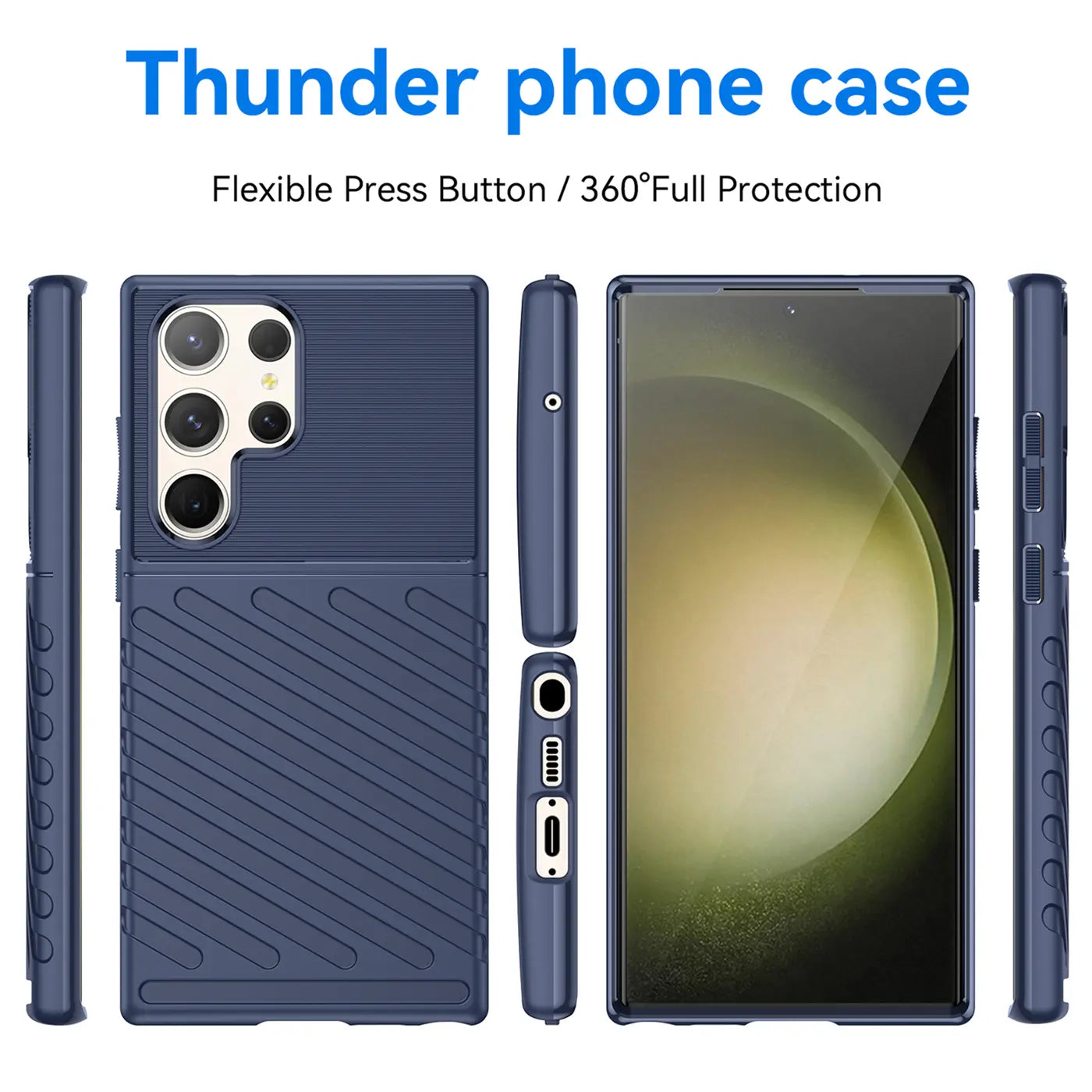 Dunkelblaue Handyhülle aus Kunststoff, verschiedene Ansichten, zeigt Samsung S23 Ultra.