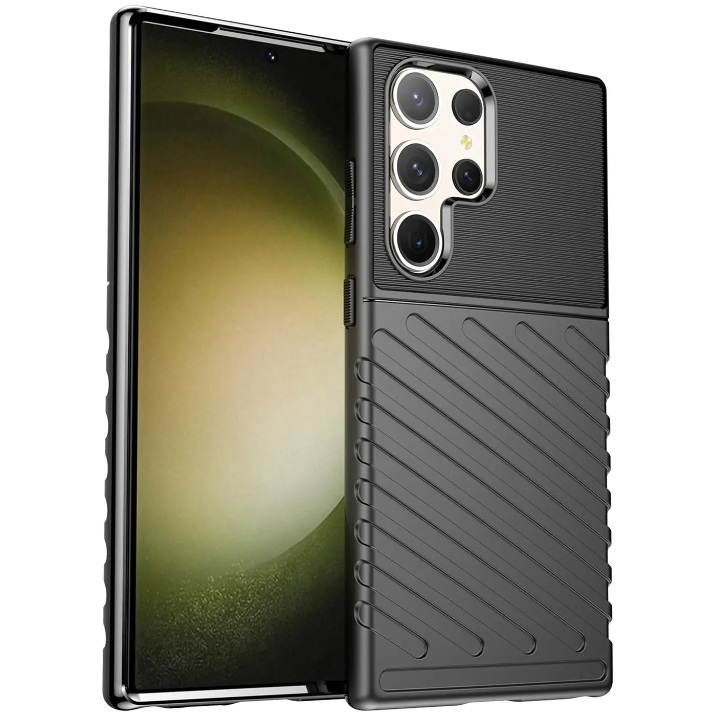 Schwarze Hülle aus Kunststoff mit Rillenmuster für Samsung Galaxy S23 Ultra, Seitenansicht.