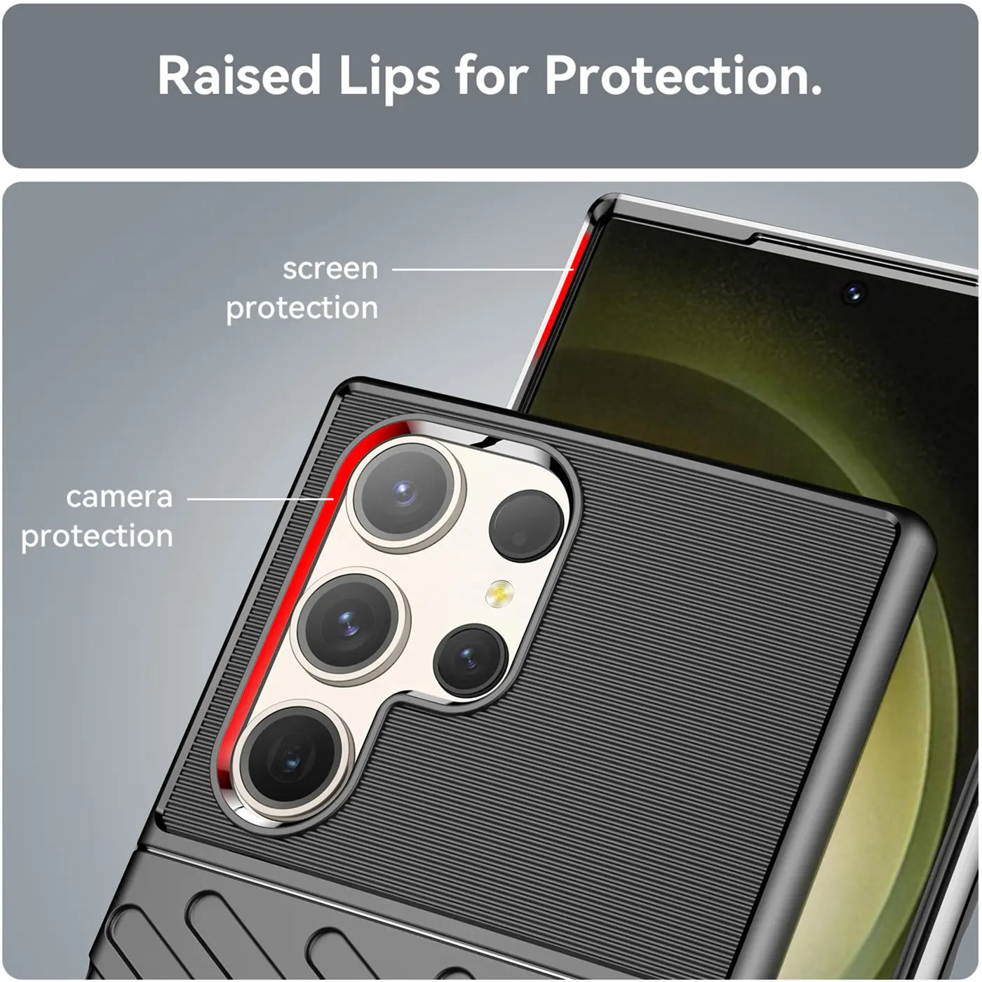 Schwarze Handyhülle aus Kunststoff, Nahaufnahme, zeigt Samsung S23 Ultra Kamera und erhöhte Kanten.