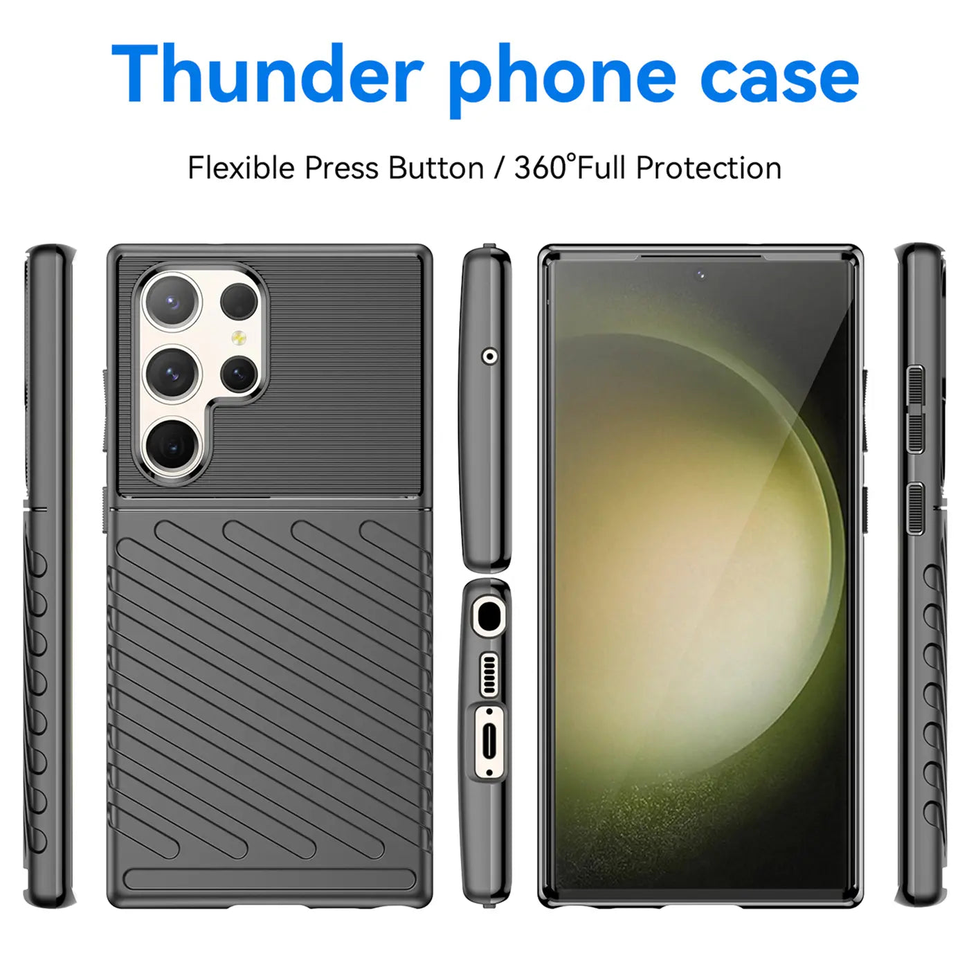 Graue Handyhülle aus Kunststoff, Vorder-, Rück-, Seitenansicht, Samsung S23 Ultra