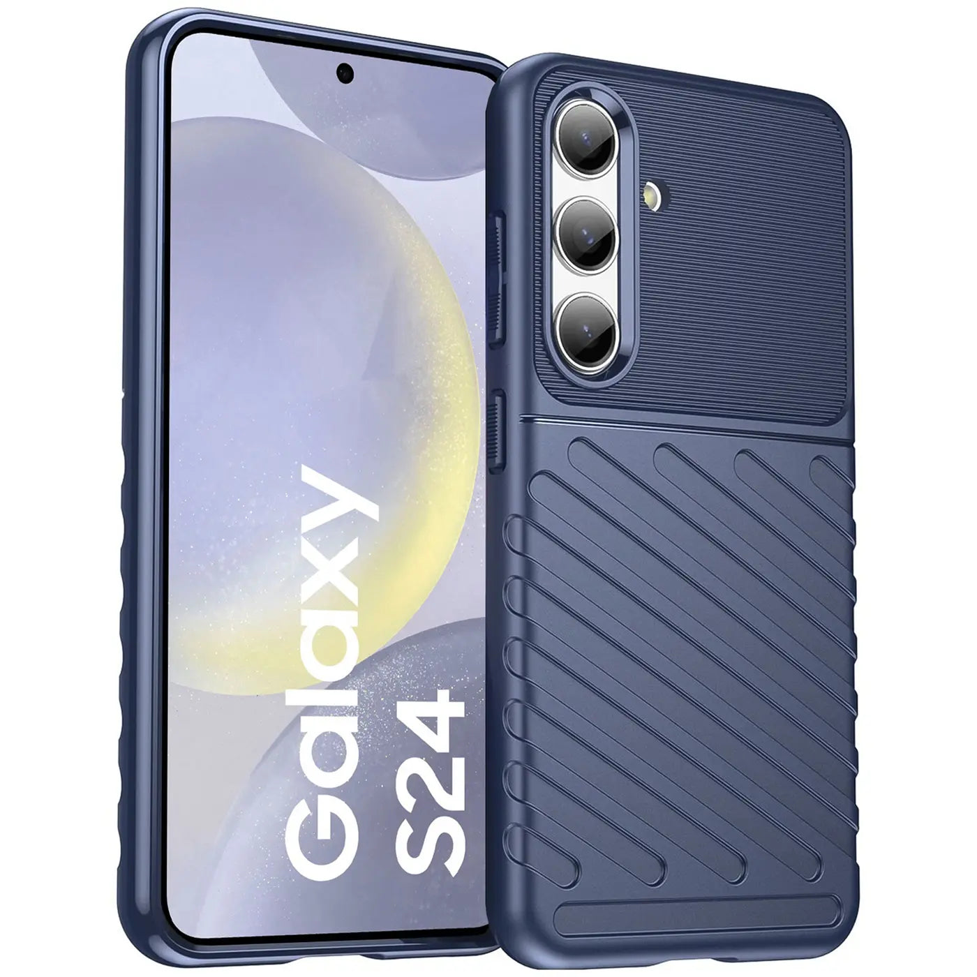 Dunkelblaue Handyhülle aus Kunststoff, schräg von vorne, mit Samsung Galaxy S24