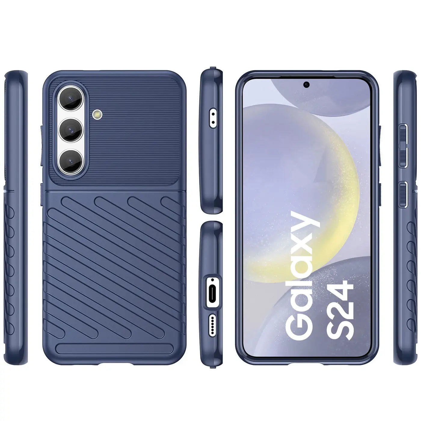 Dunkelblaue Handyhülle aus Kunststoff, Vorder-, Rück- und Seitenansicht, zeigt Samsung Galaxy S24.