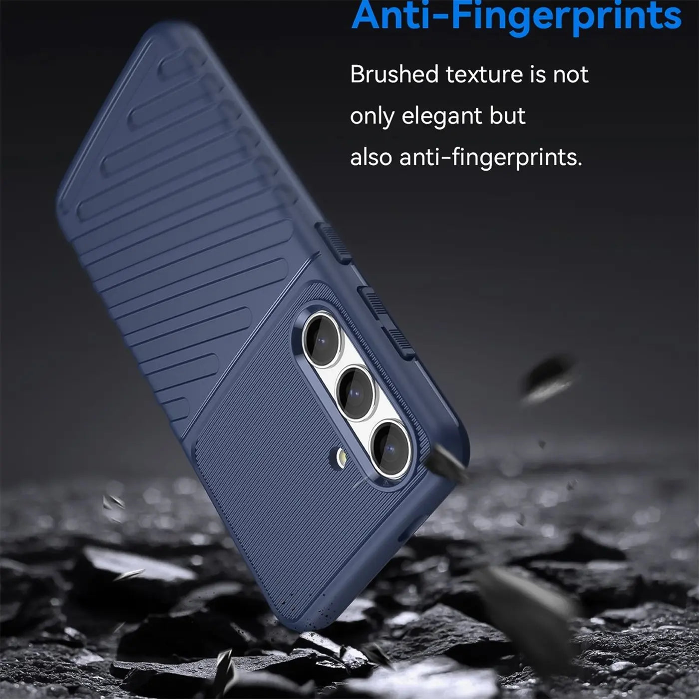 Dunkelblaue Handyhülle aus Kunststoff, Rückansicht, Samsung Galaxy S24 erkennbar.