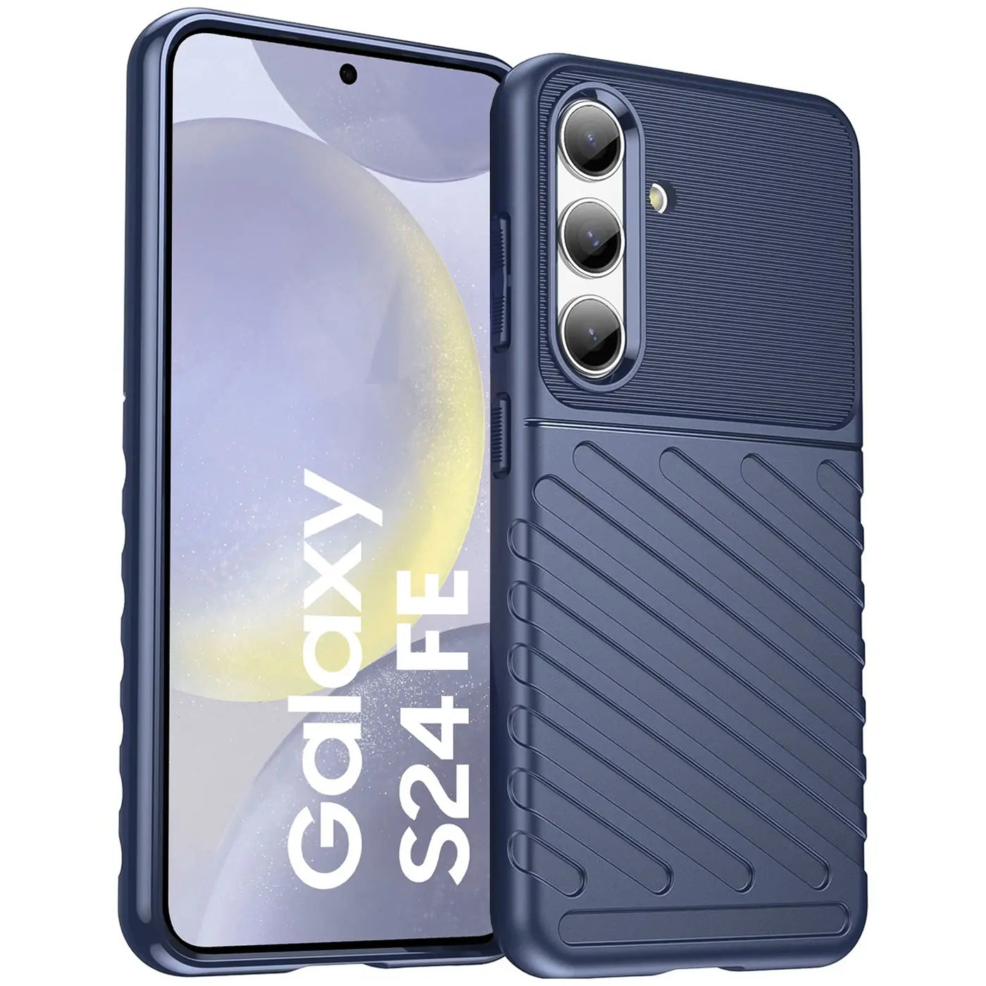 Dunkelblaue Handyhülle aus Kunststoff, schräg von vorne, für Samsung Galaxy S24 FE.