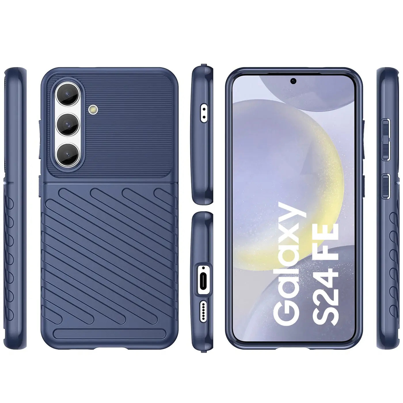 Blaue Handyhülle aus Kunststoff, Vorder- und Rückansicht, mit Samsung Galaxy S24 FE.