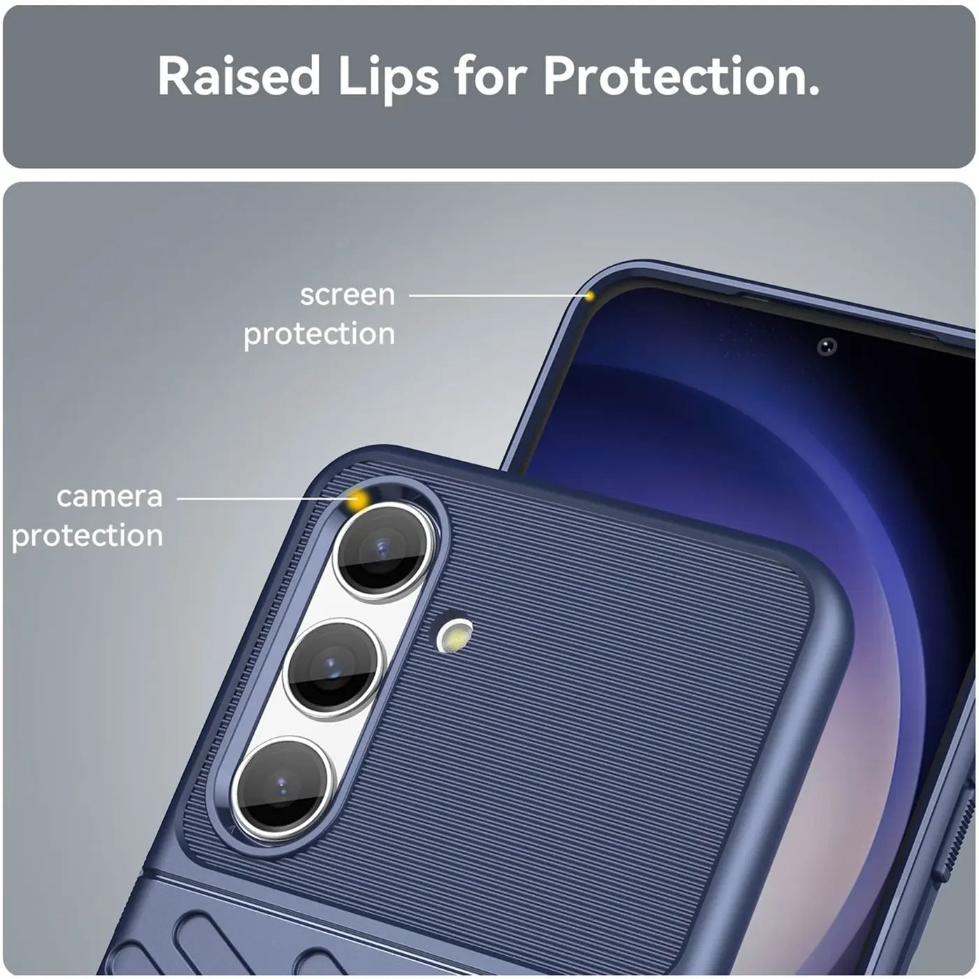 Dunkelblaue Hülle aus Kunststoff zeigt Kamera und Display eines Samsung S24 FE.