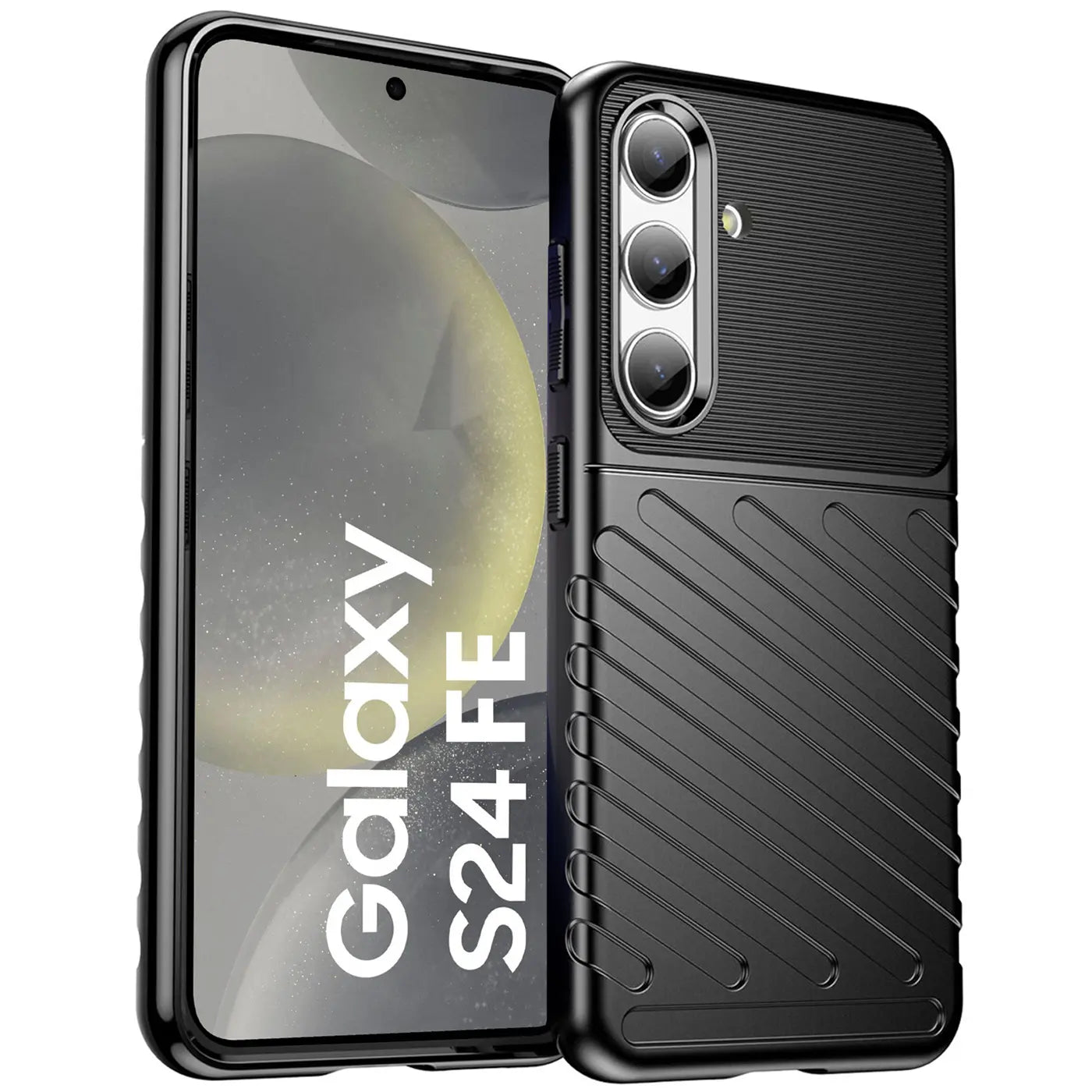 Schwarze Handyhülle aus Kunststoff, von vorne links, mit Samsung Galaxy S24 FE.