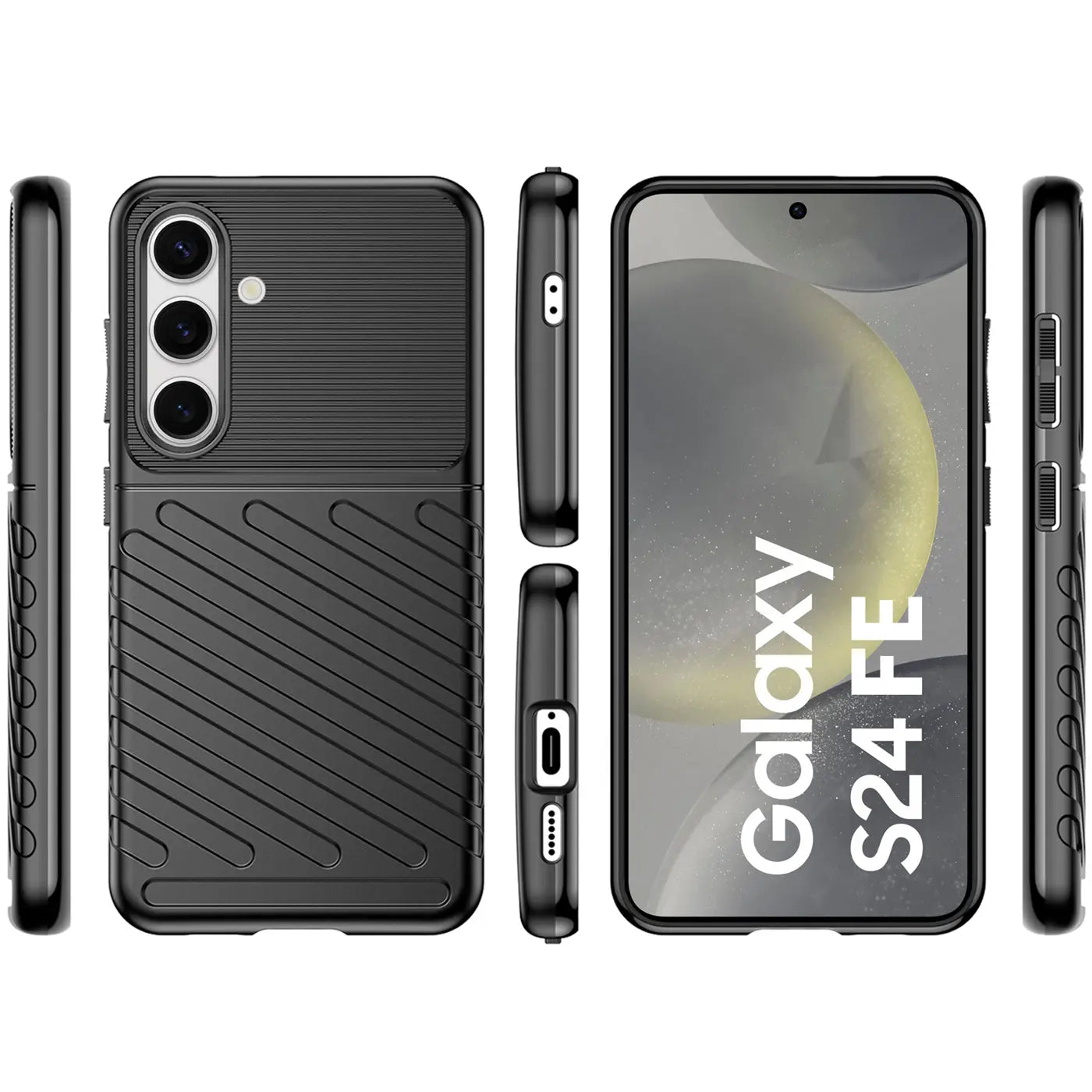 Schwarze Handyhülle aus Kunststoff, Rückseite, Seitenansichten und Vorderseite mit Samsung Galaxy S24 FE.