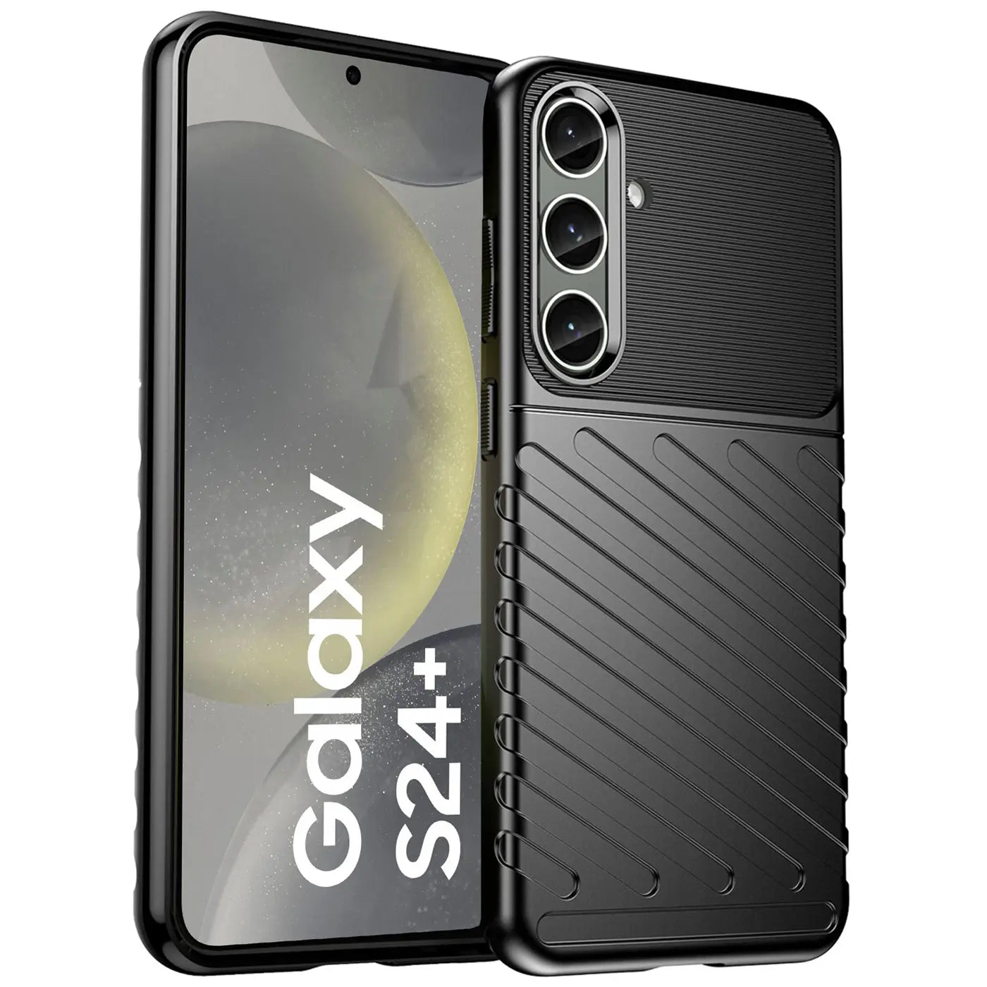Schwarze Handyhülle aus Kunststoff, von vorne/seitlich, mit Samsung Galaxy S24+