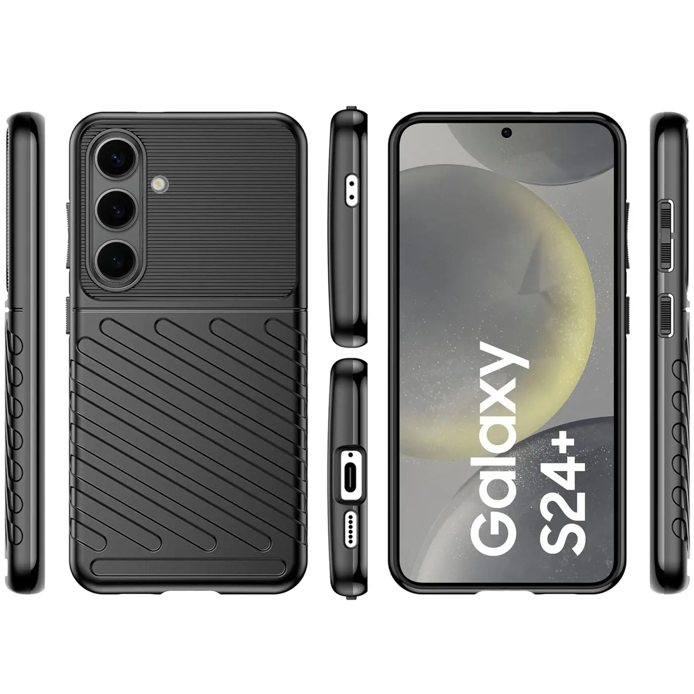 Schwarze Handyhülle aus Kunststoff, verschiedene Ansichten, mit Samsung Galaxy S24+