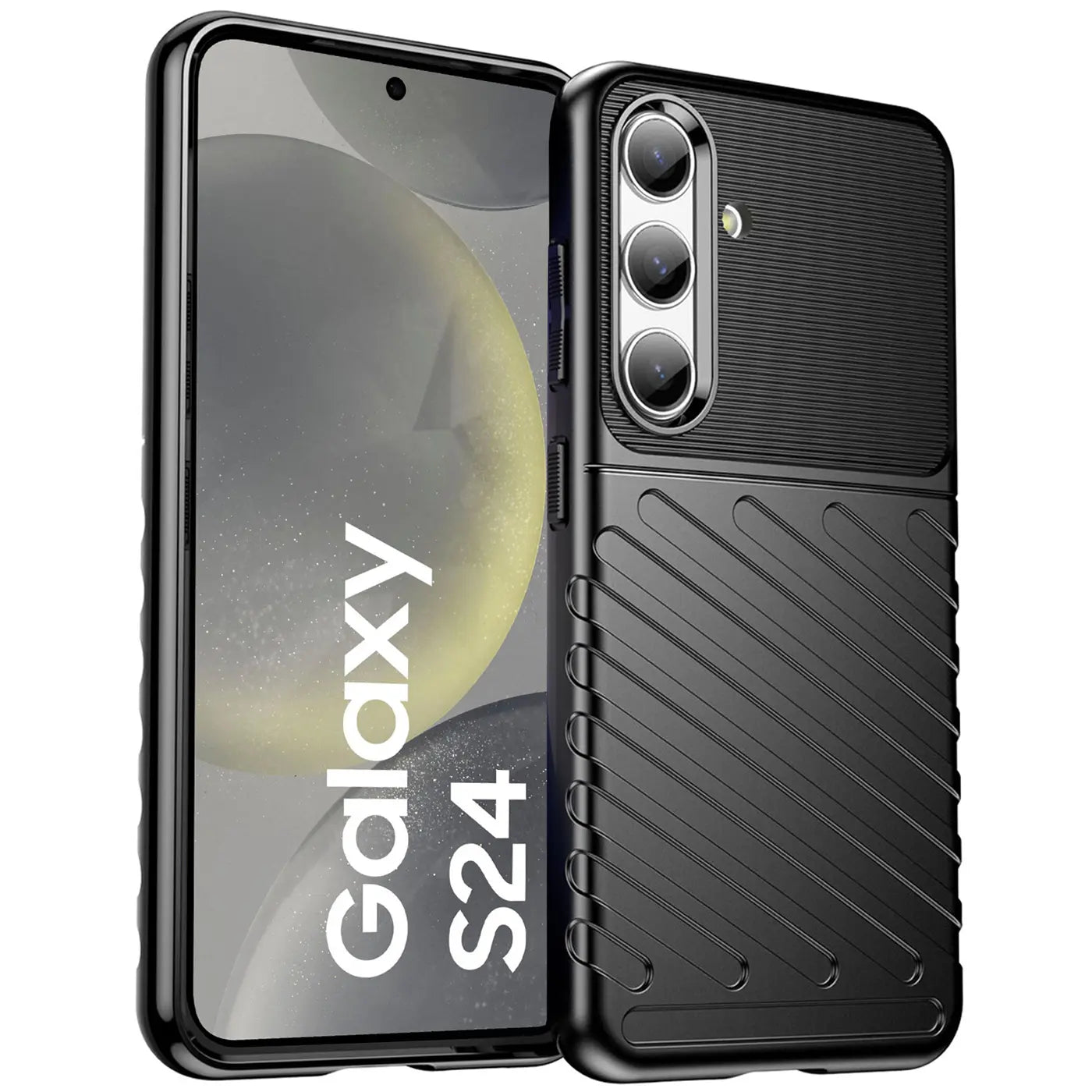 Schwarze Hülle aus Kunststoff für Samsung Galaxy S24, von vorne links, mit Kamera-Aussparung.