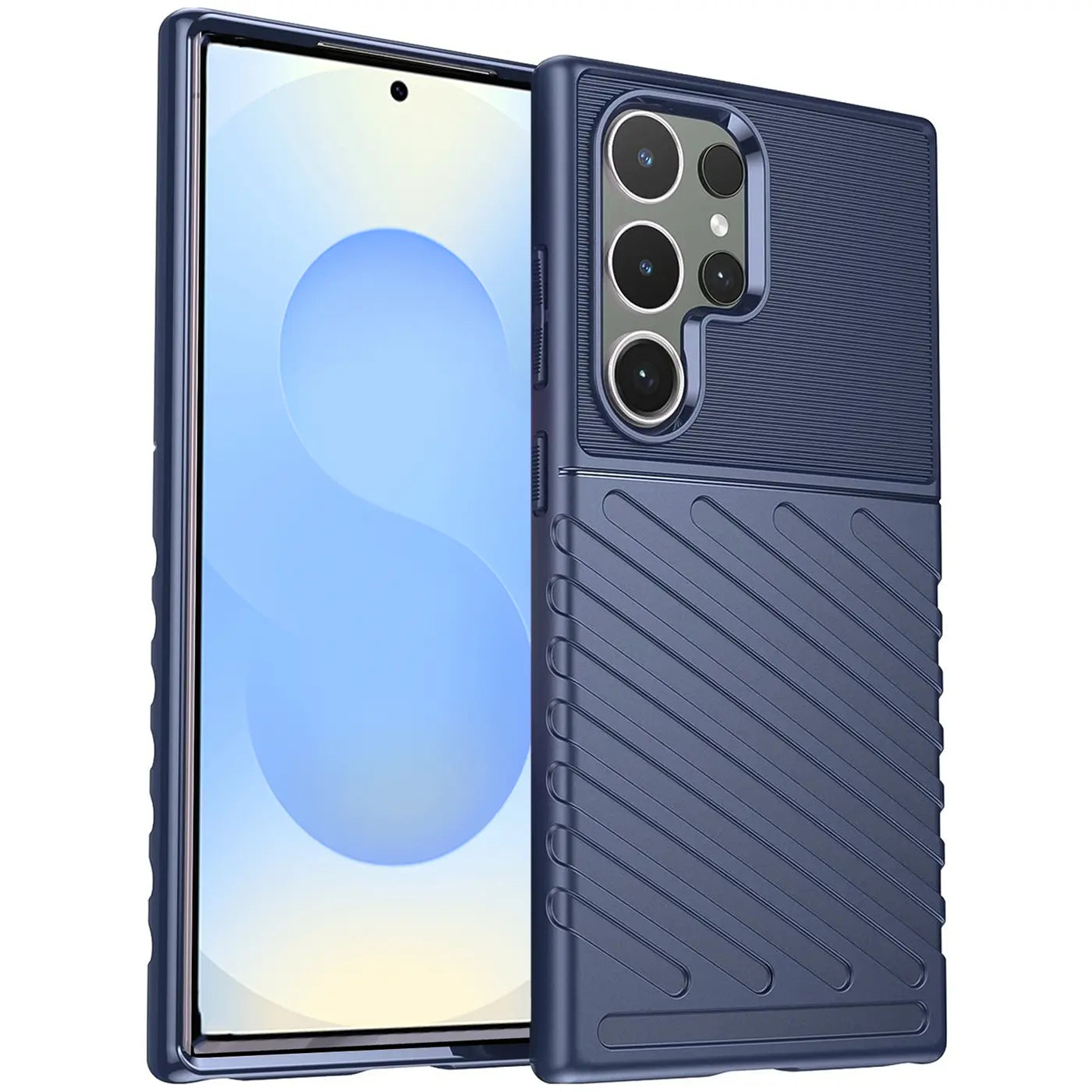 Dunkelblaue Handyhülle aus Kunststoff, schräg von vorne, für Samsung Galaxy S24 Ultra