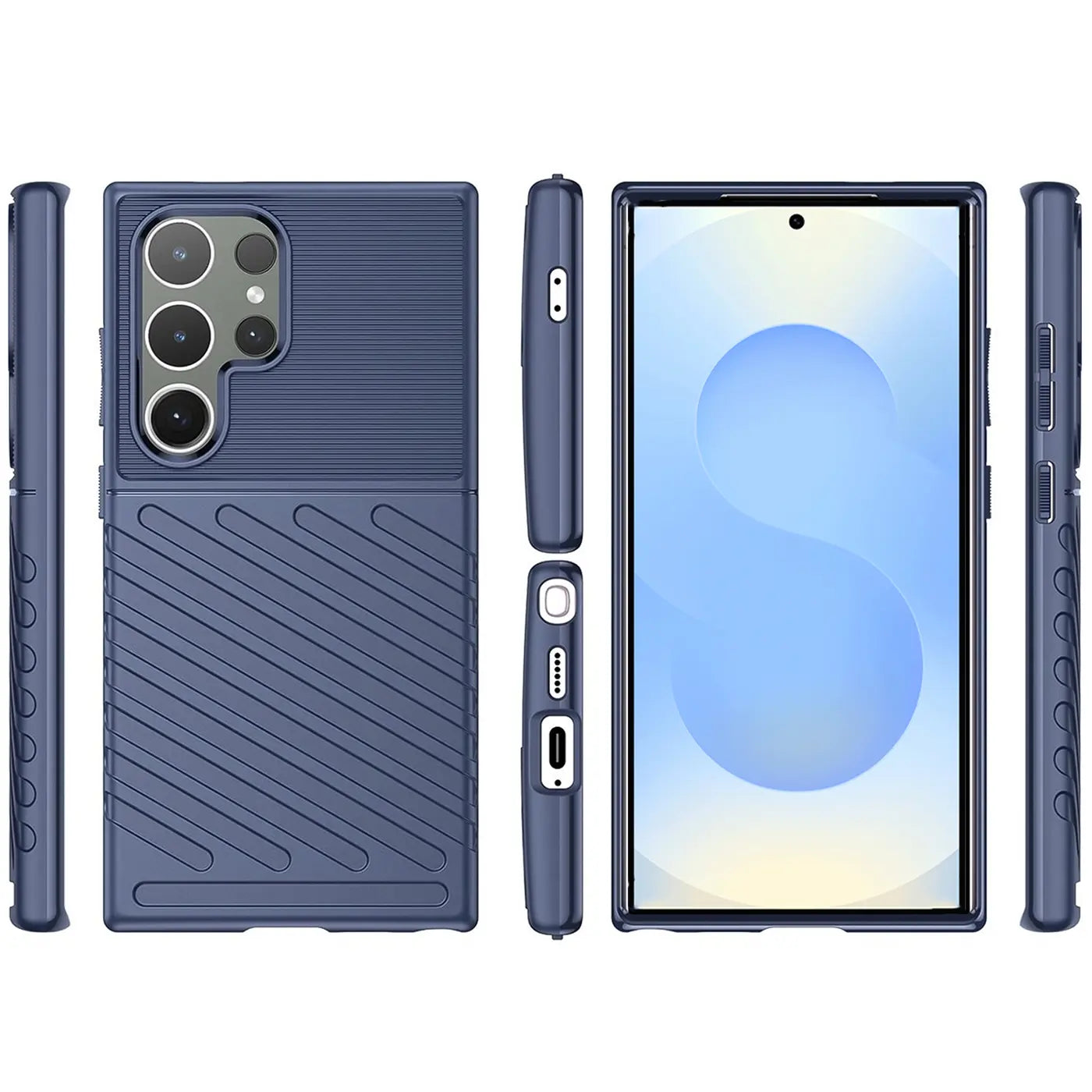 Blaue Handyhülle aus Kunststoff für Samsung Galaxy S24 Ultra, Rückansicht, Seitenansichten, Vorderansicht.