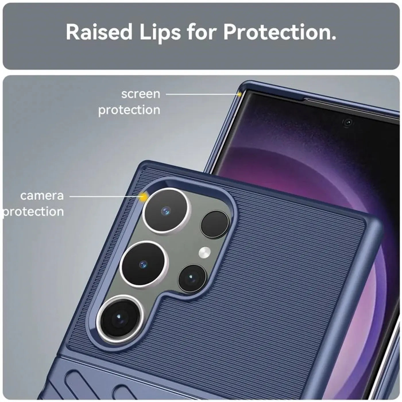 Dunkelblaue Handyhülle aus Kunststoff, Rückansicht, schützt Samsung Galaxy S24 Ultra Kameras.