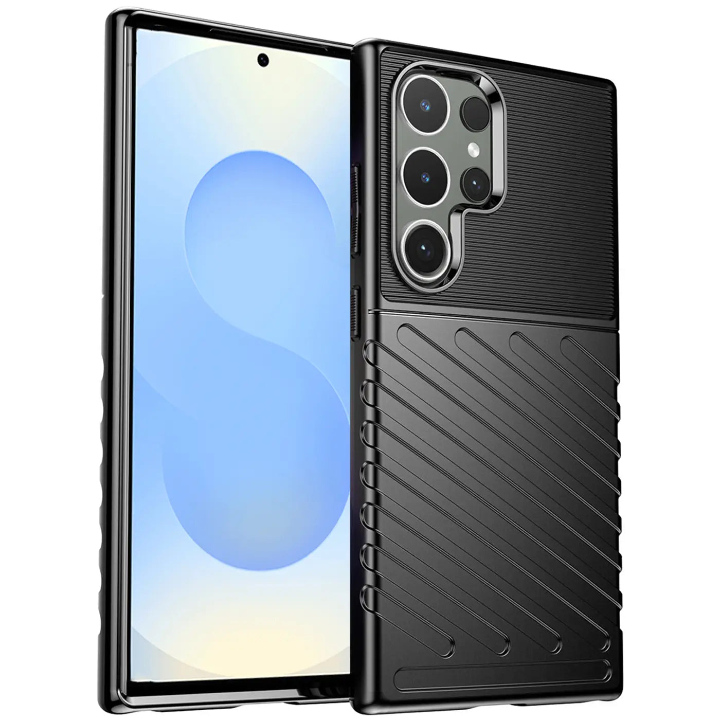 Schwarze, stoßfeste Hülle aus Kunststoff, von vorne links, mit Samsung Galaxy S24 Ultra.