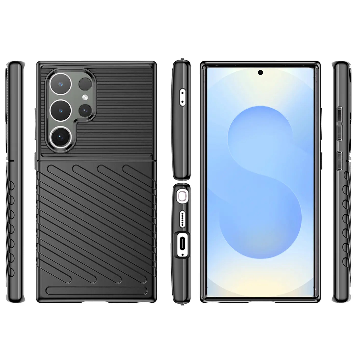 Schwarze Handyhülle aus Kunststoff, von vorne, Seite, Rückseite und Vorderseite mit Display, für Samsung S24 Ultra.