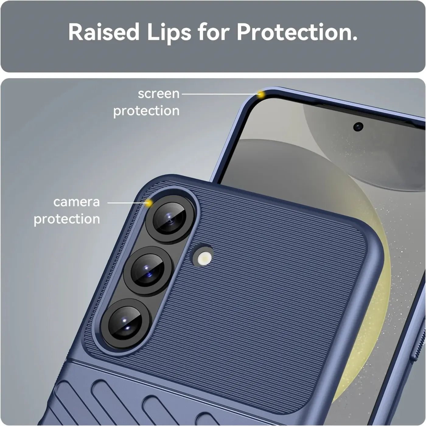Dunkelblaue Hülle aus Kunststoff mit erhöhten Rändern für Kamera und Bildschirm an einem Samsung Galaxy S25 Plus.