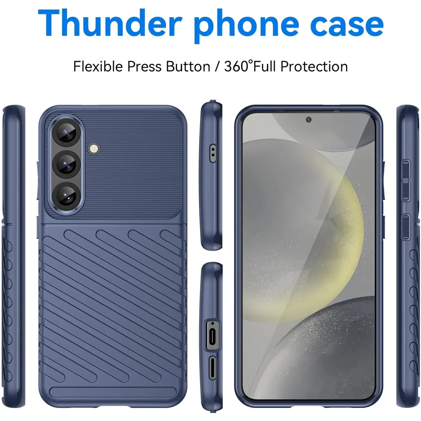 Dunkelblaue Handyhülle aus Kunststoff, verschiedene Ansichten, zeigt Samsung S25 Plus.