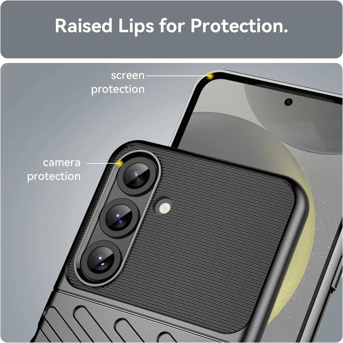 Schwarze Handyhülle aus Kunststoff, Nahaufnahme der Rückseite mit Kamera, Vorderseite eines Samsung Galaxy S25 Plus sichtbar.