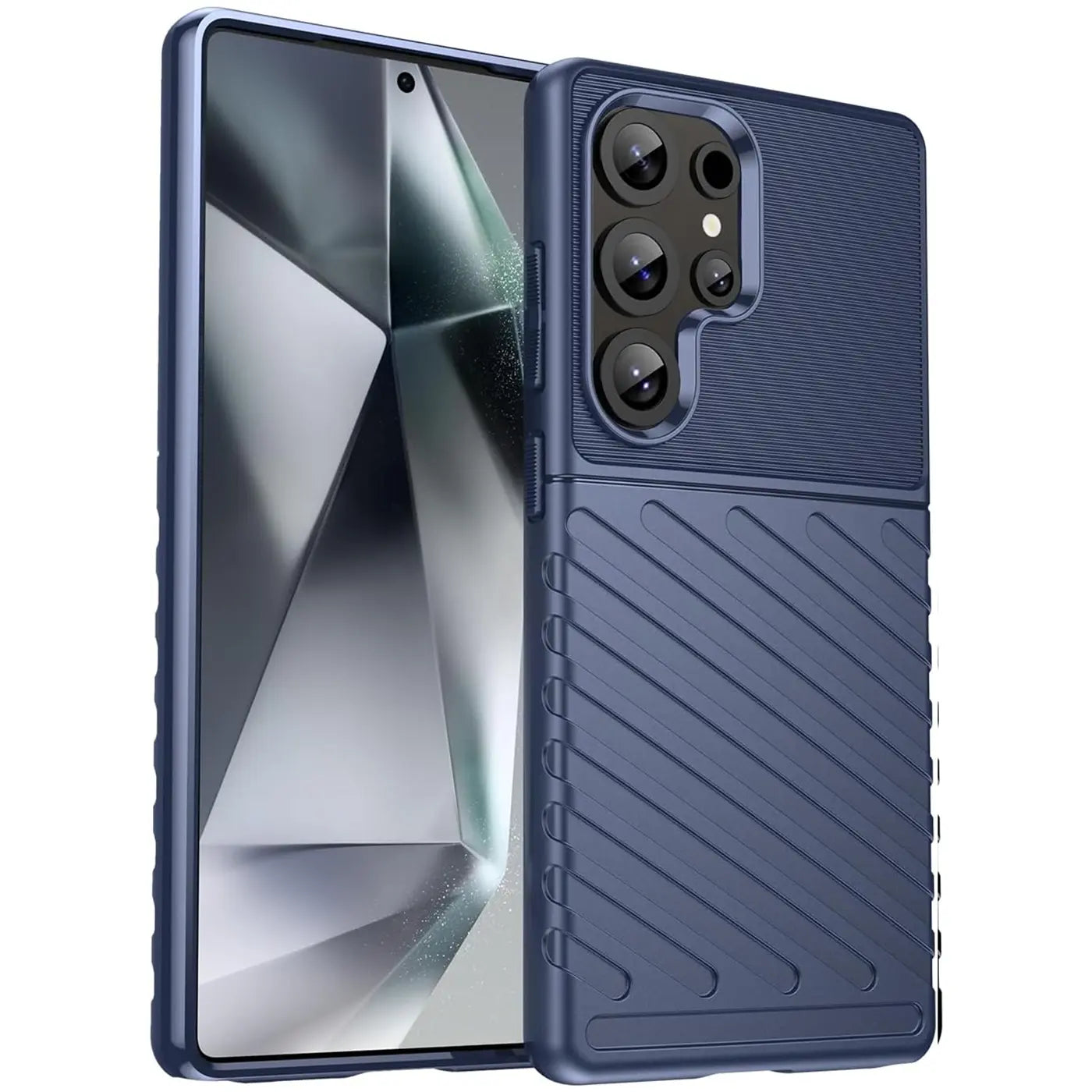 Dunkelblaue Handyhülle aus Kunststoff, von vorne/seitlich, mit Samsung Galaxy S25 Ultra