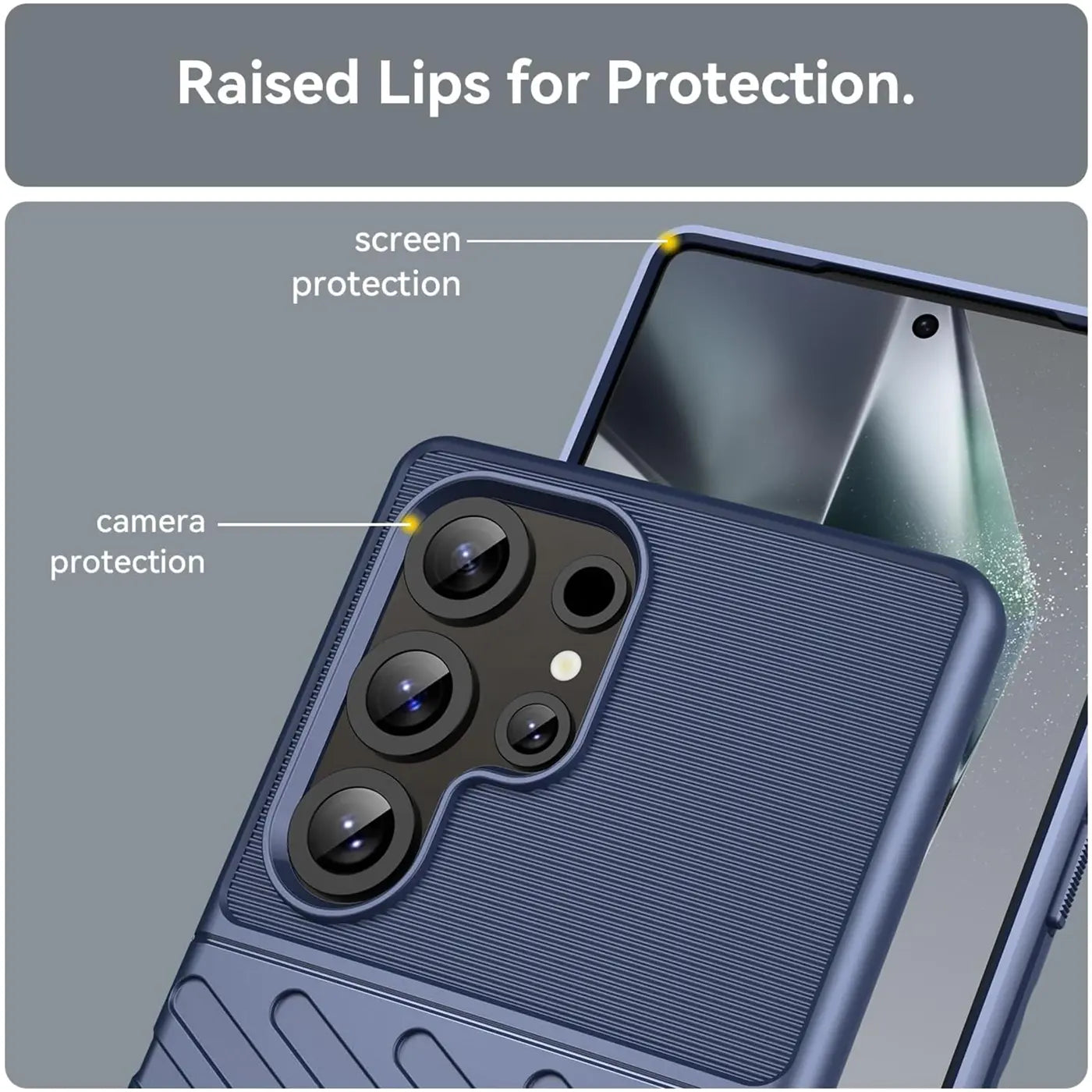 Dunkelblaue Hülle aus Kunststoff mit Kamera- und Displayschutz für Samsung Galaxy S25 Ultra.