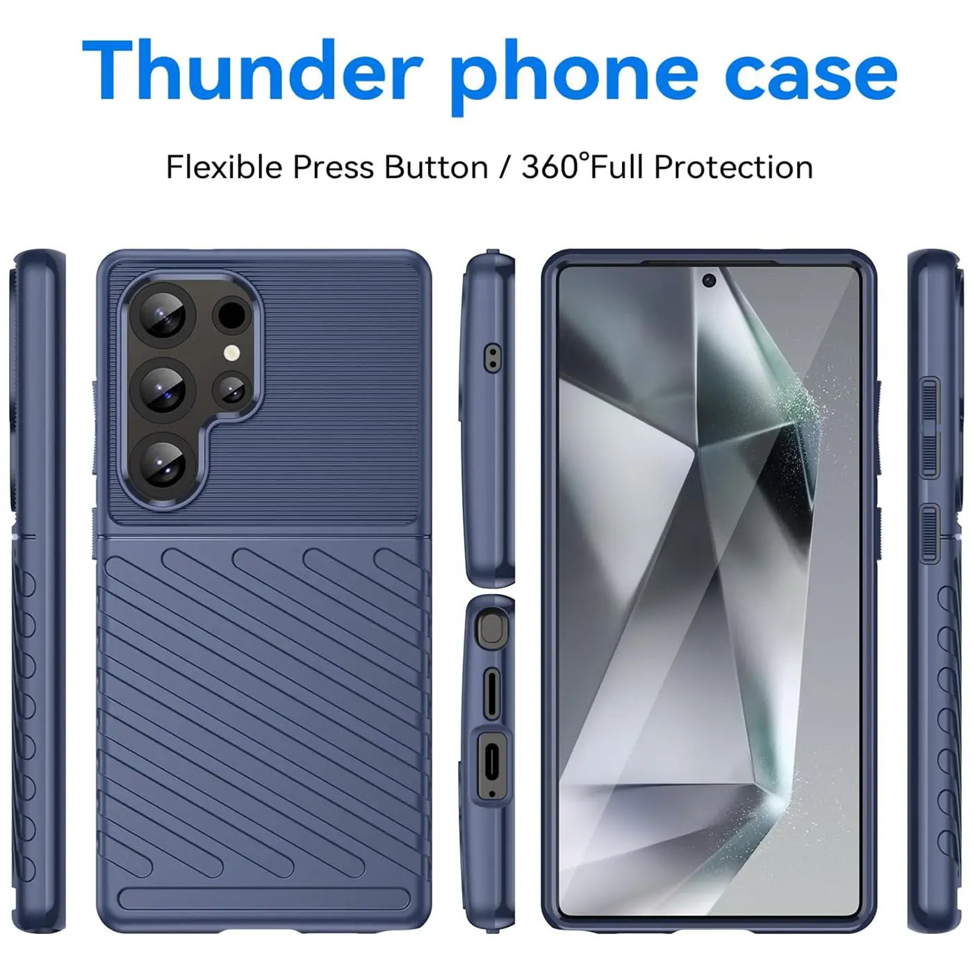Blaue Handyhülle aus Kunststoff, Vorder- und Seitenansicht, für Samsung Galaxy S25 Ultra.