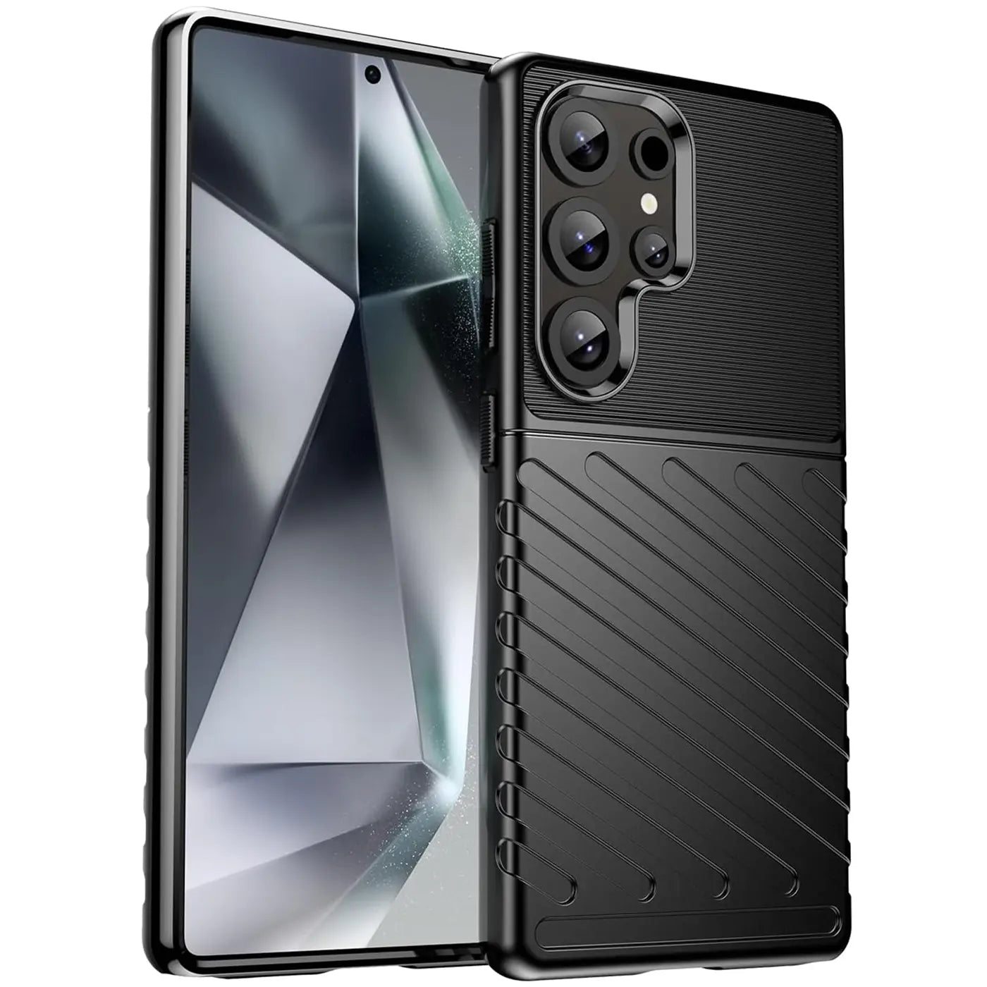 Schwarze Hülle aus Kunststoff, von schräg vorne, auf einem Samsung Galaxy S25 Ultra.