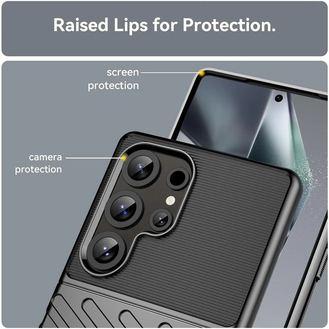 Schwarze Hülle aus Kunststoff, Rückansicht, Samsung Galaxy S25 Ultra mit Kamera- und Displayschutz.