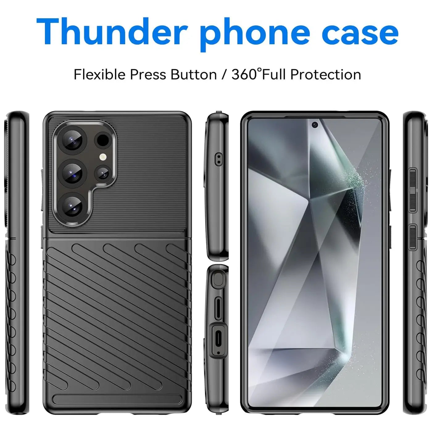 Schwarze Handyhülle aus Kunststoff für Samsung Galaxy S25 Ultra, von vorne und Seite gezeigt.