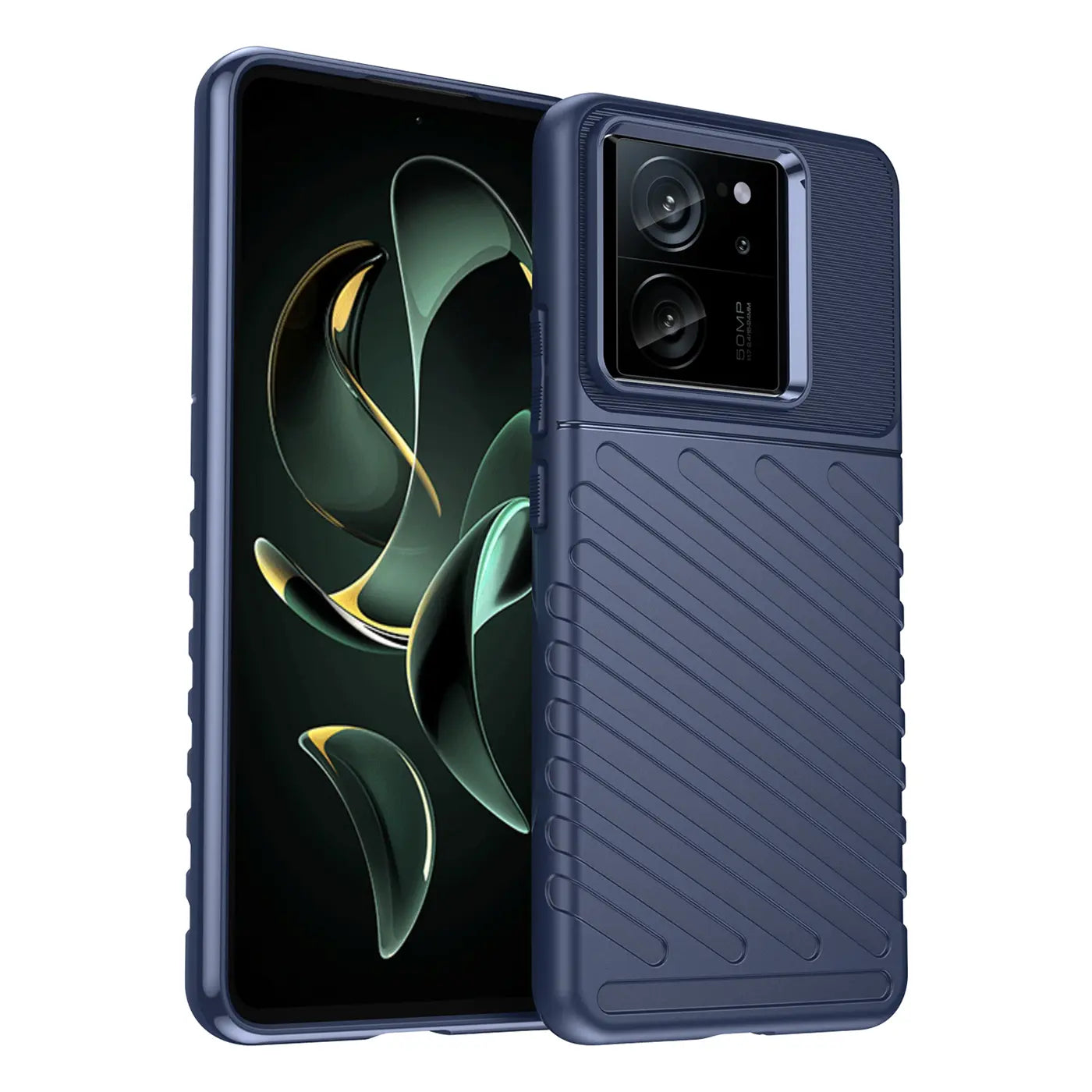 Dunkelblaue Hülle aus Kunststoff mit Rillenmuster, seitliche Ansicht, zeigt Xiaomi 13T/Pro.