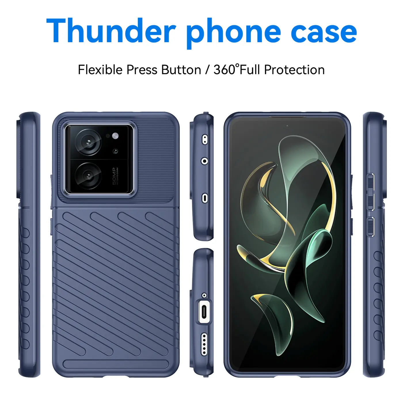 Blaue Handyhülle aus Gummi, verschiedene Ansichten, zeigt Xiaomi 13T / 13T Pro.