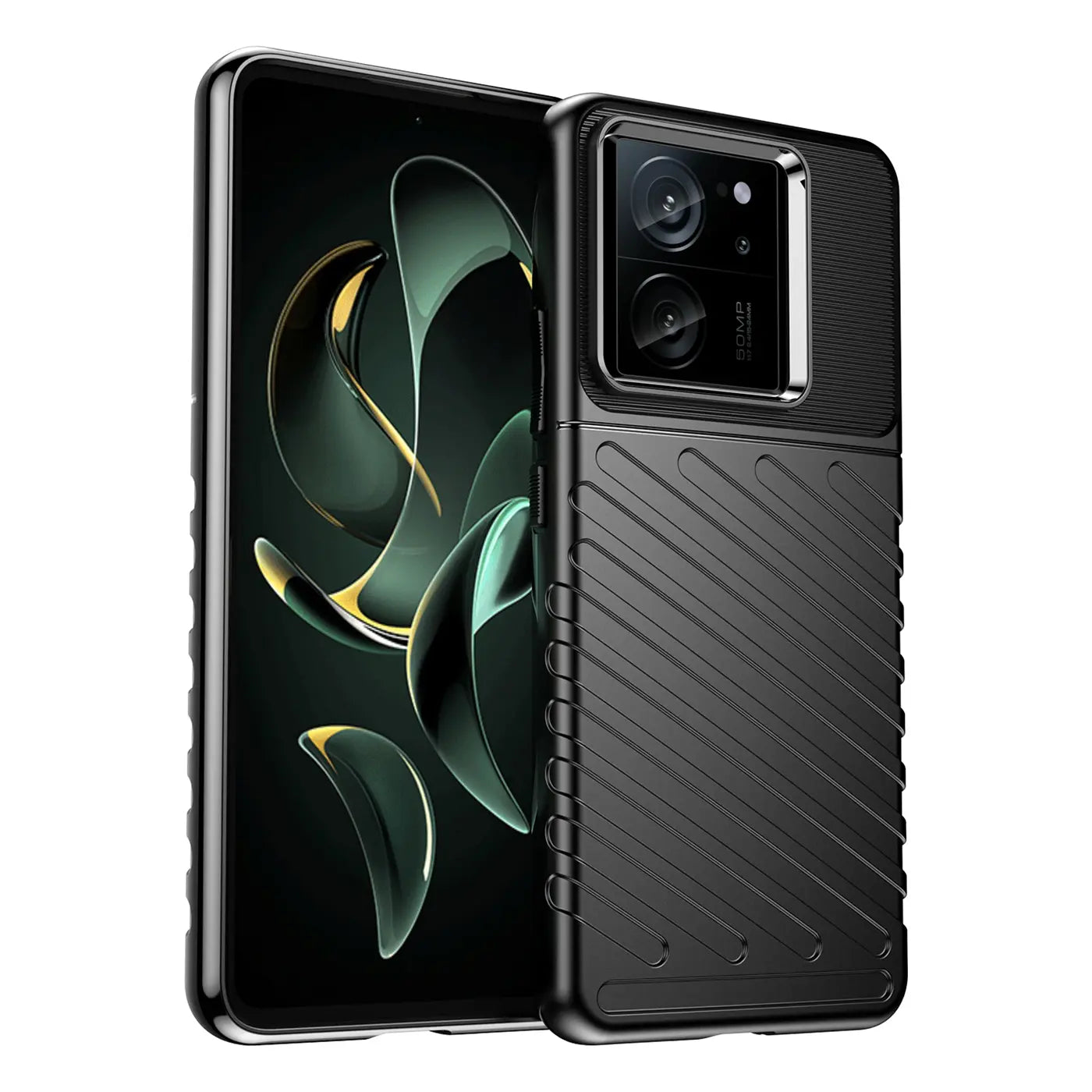 Schwarze Hülle aus Gummi/Kunststoff für Xiaomi 13T/13T Pro, von vorne schräg.