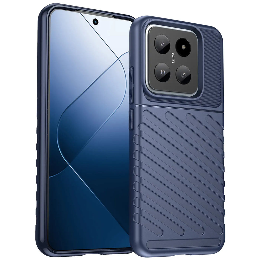 Dunkelblaue Handyhülle aus Kunststoff, schräg von vorne, zeigt Xiaomi 14 mit Kamera.