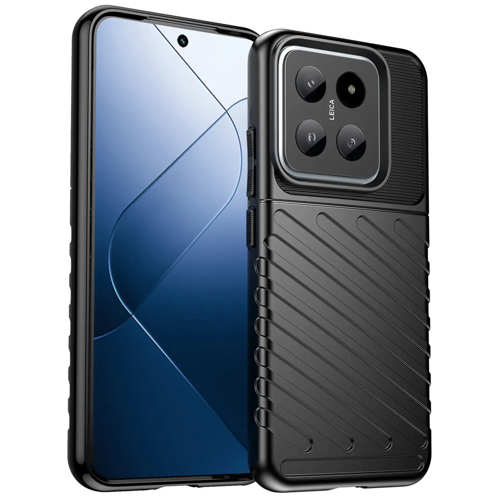Schwarze Handyhülle aus Kunststoff mit Kamera-Ausschnitt für Xiaomi 14, von vorne rechts gezeigt.