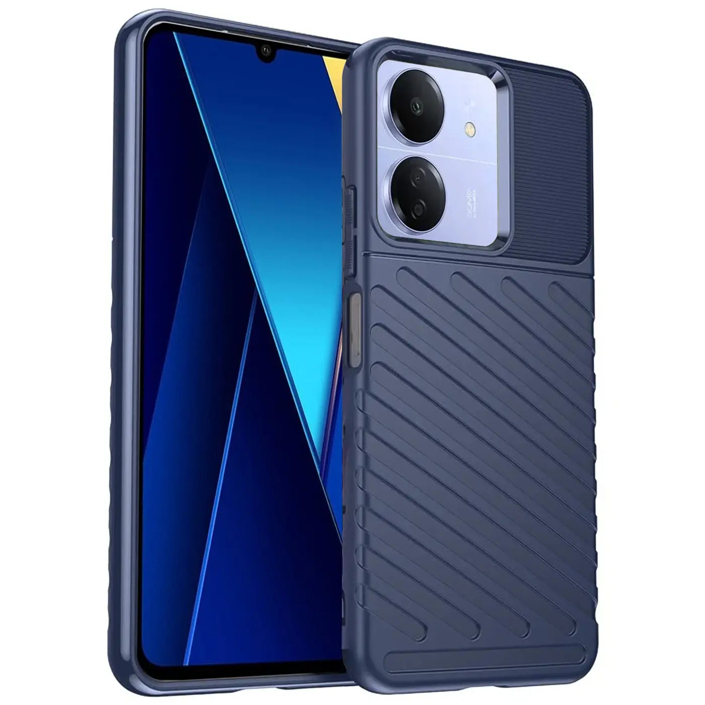 Dunkelblaue Handyhülle aus Gummi mit Rillenmuster, seitliche Ansicht, zeigt Xiaomi Poco C65.