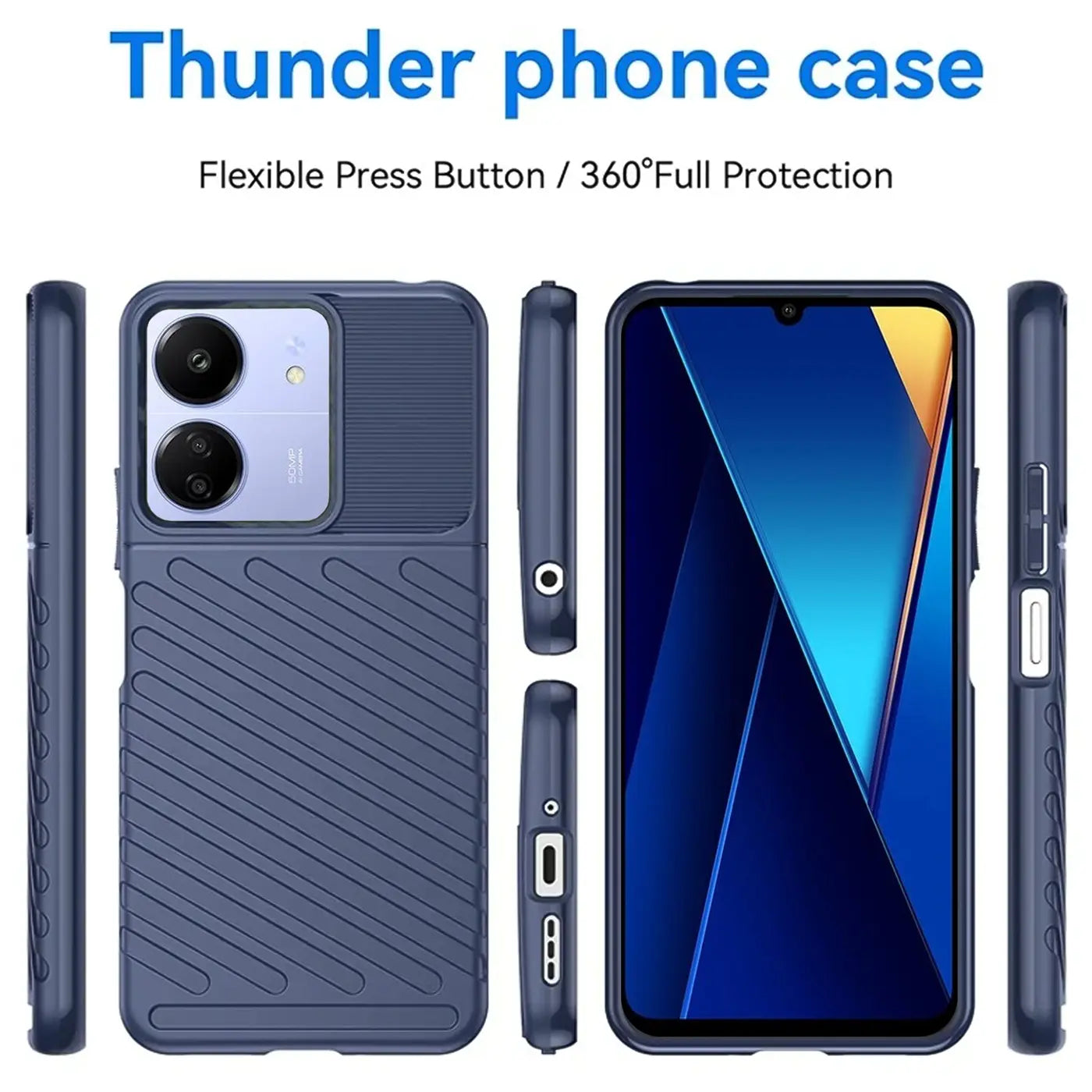 Dunkelblaue Handyhülle aus Kunststoff, verschiedene Ansichten, zeigt Xiaomi Poco C65.