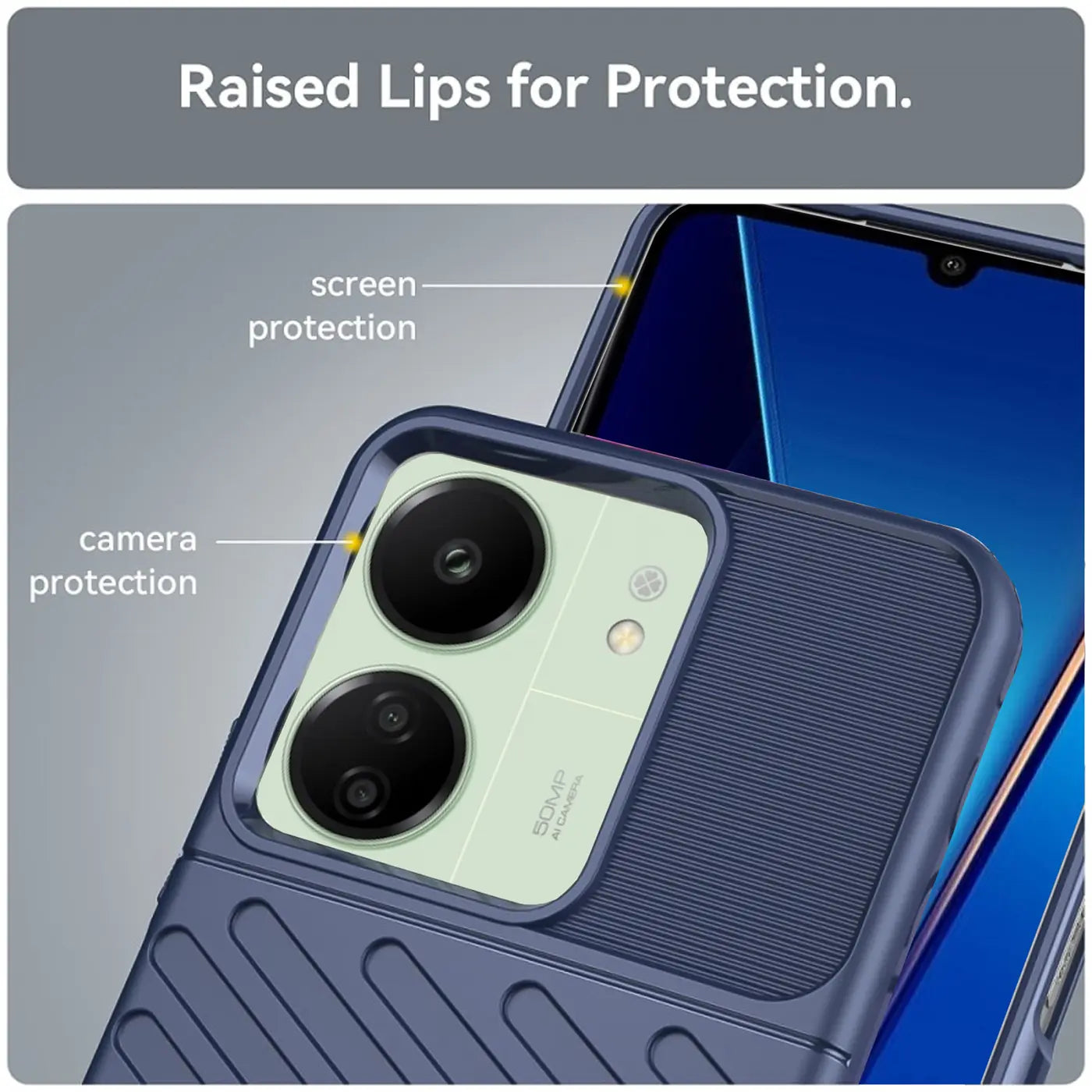 Dunkelblaue Handyhülle aus Kunststoff, Nahaufnahme, zeigt Xiaomi Poco C65 mit Kameraschutz.