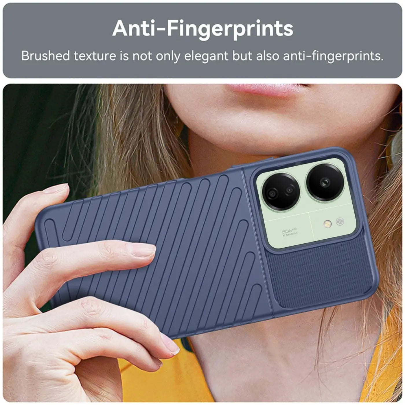 Dunkelblaue Handyhülle aus Kunststoff mit gerillter Textur, von hinten, zeigt Xiaomi Poco C65