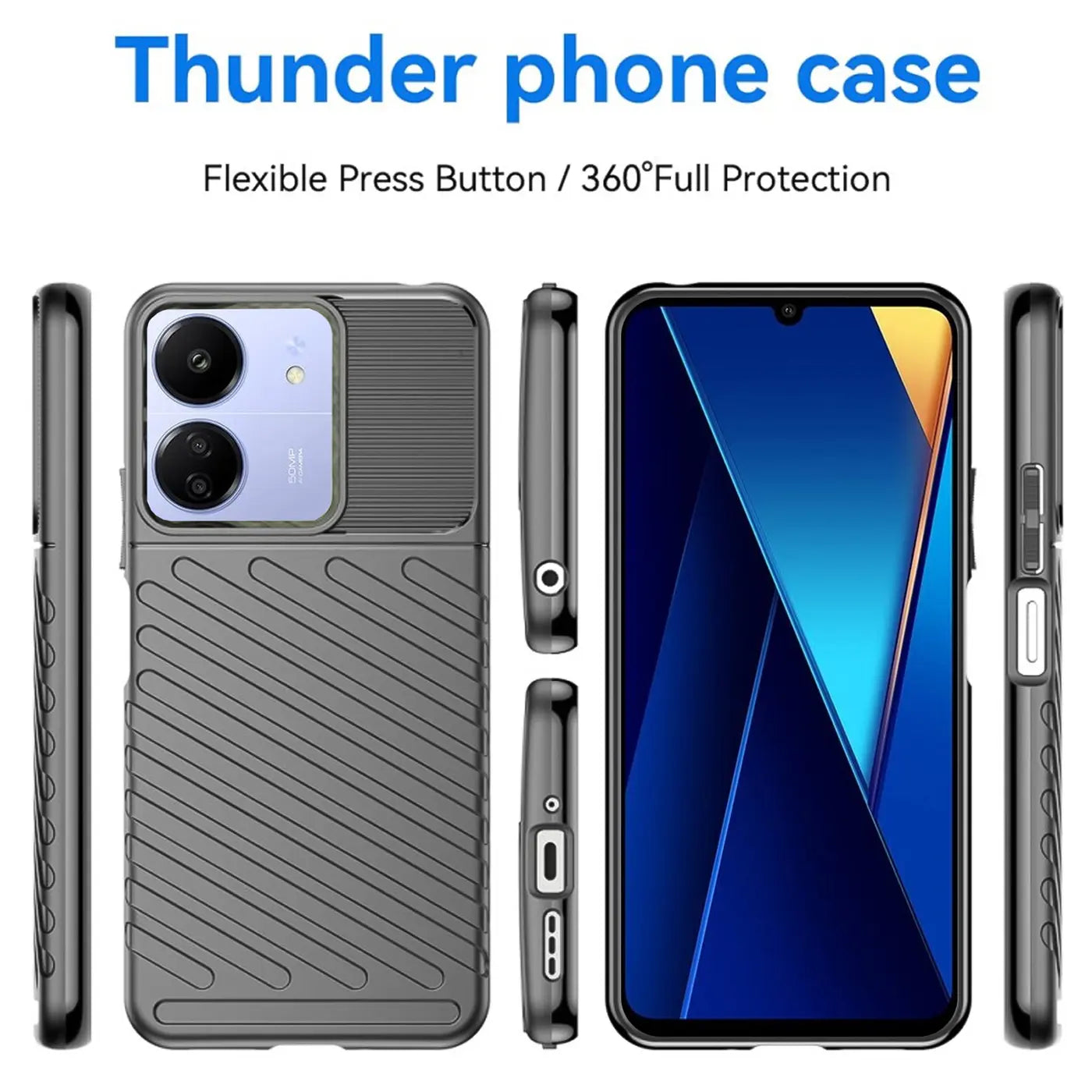 Dunkelgraue Handyhülle aus Kunststoff, Vorder- und Seitenansicht, mit Xiaomi Poco C65.