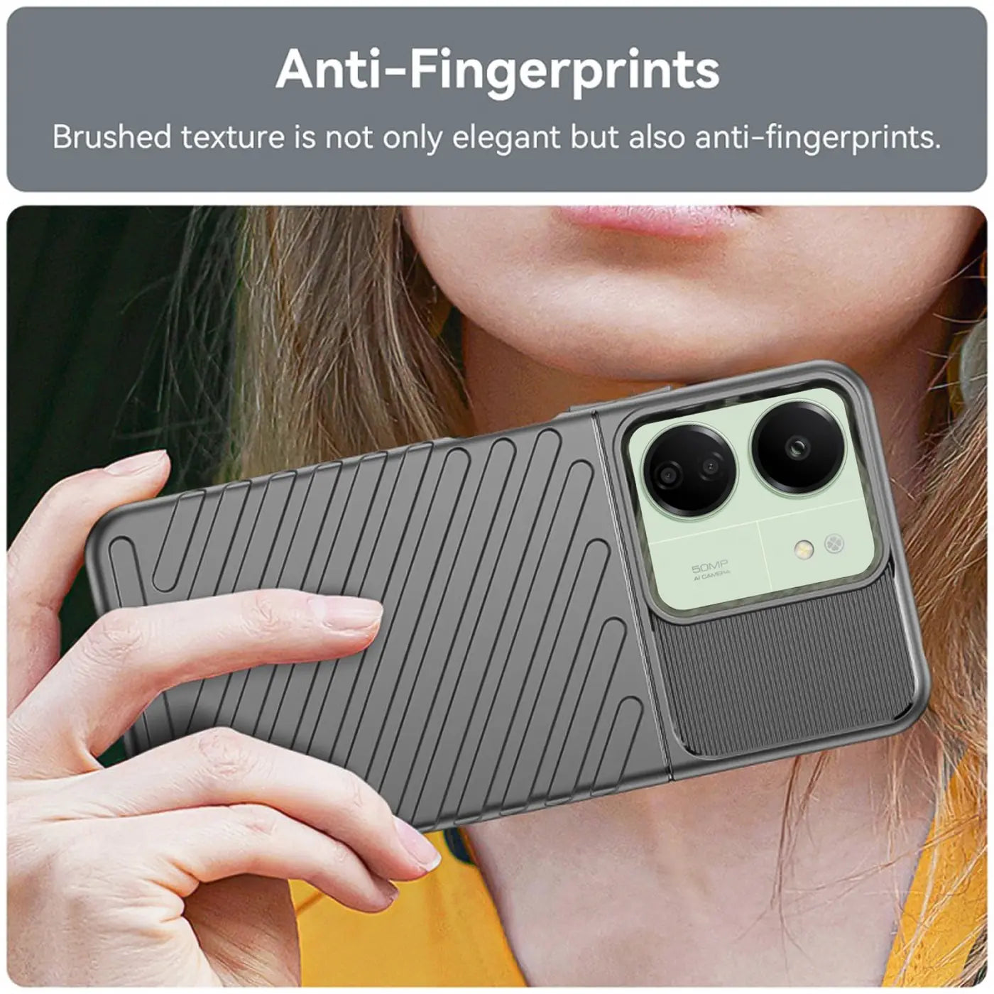 Graue Hülle aus Kunststoff mit gerillter Textur, von vorne gezeigt, hält ein Xiaomi Poco C65.