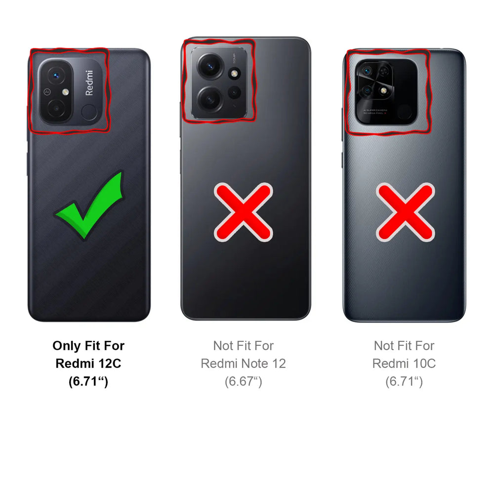 Rückseite Xiaomi Redmi 12C, schwarz, von hinten, mit Haken-Symbol.