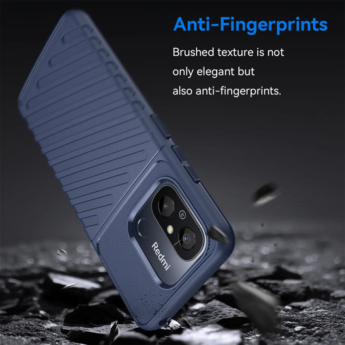 Dunkelblaue Handyhülle aus Kunststoff, von schräg unten, mit Xiaomi Redmi 12C.