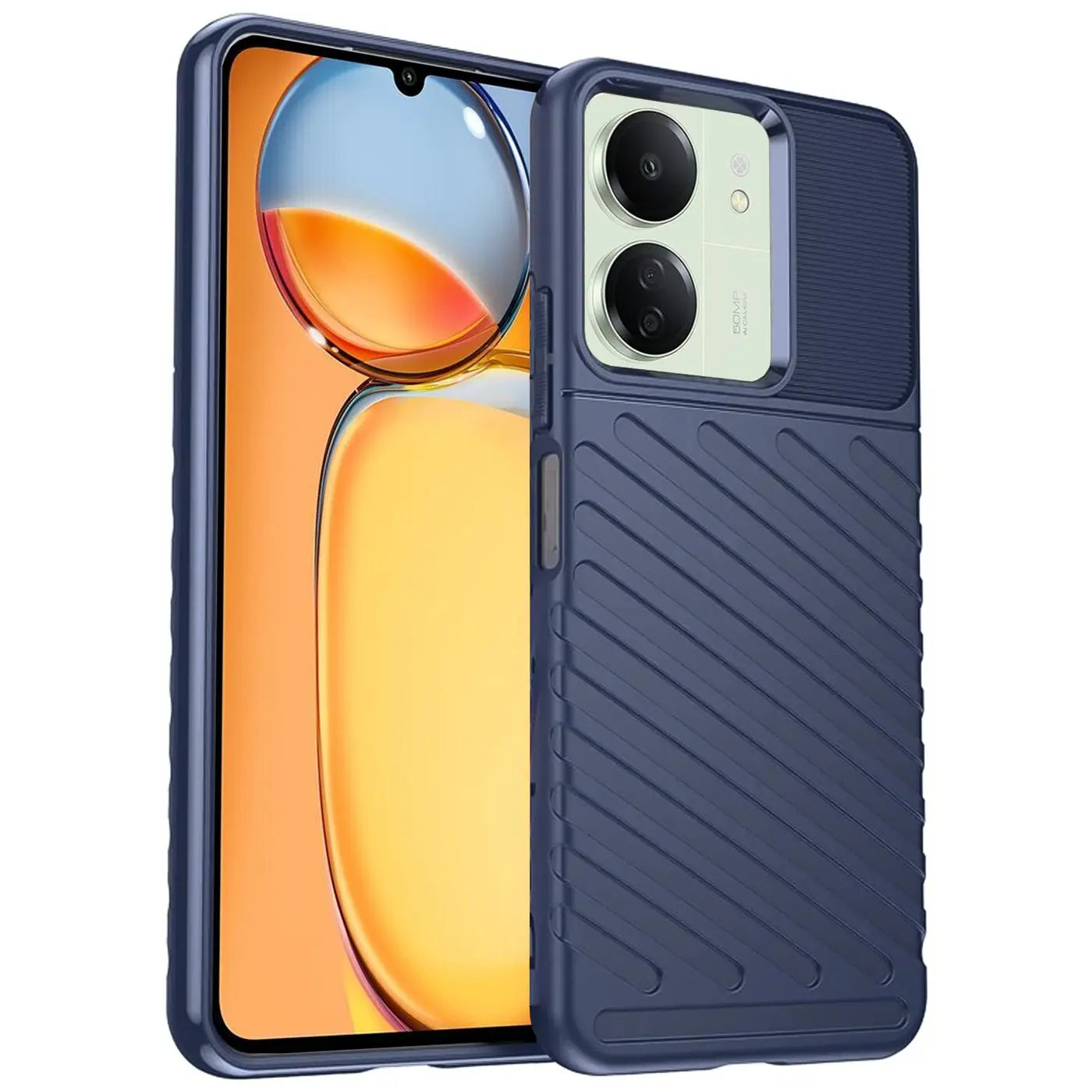 Dunkelblaue Handyhülle aus Kunststoff, schräg von vorne, mit Xiaomi Redmi 13C.