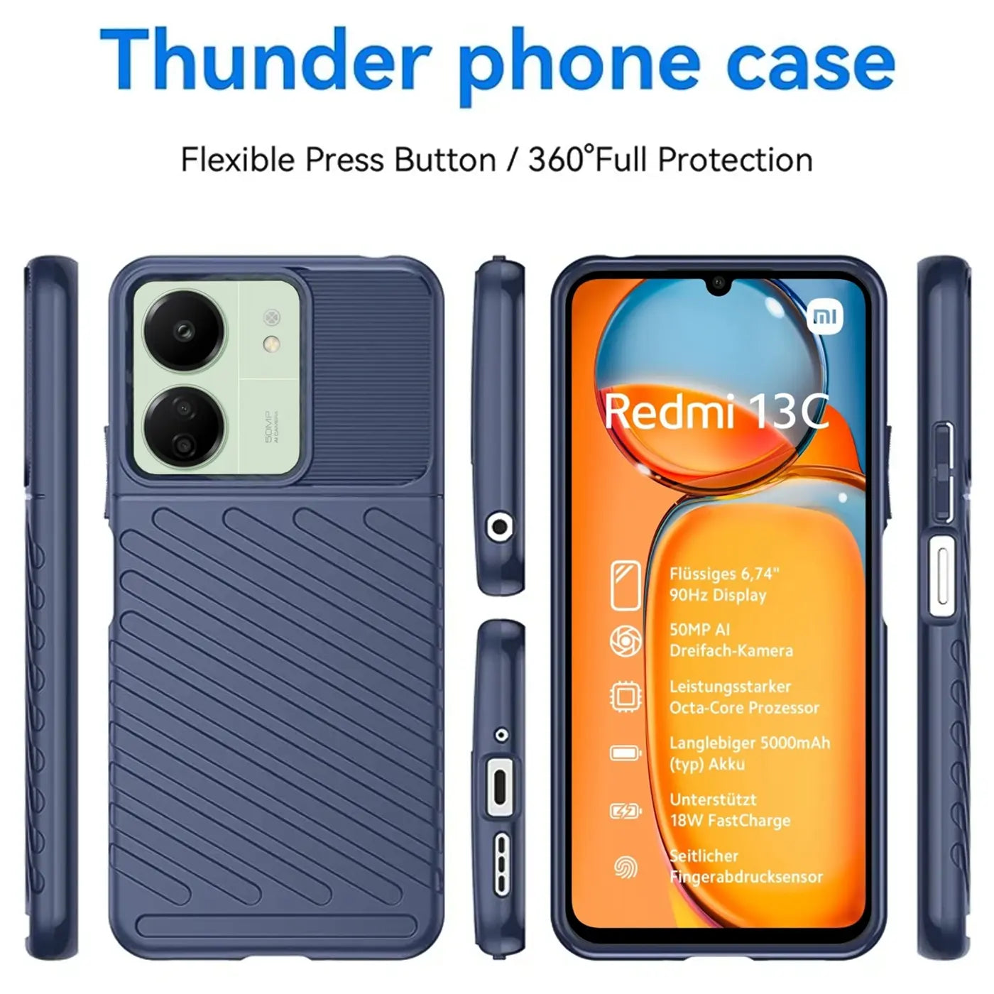 Dunkelblaue Hülle aus Gummi für Xiaomi Redmi 13C, von vorne, Seite, Rückseite, Oberseite und Unterseite gezeigt.